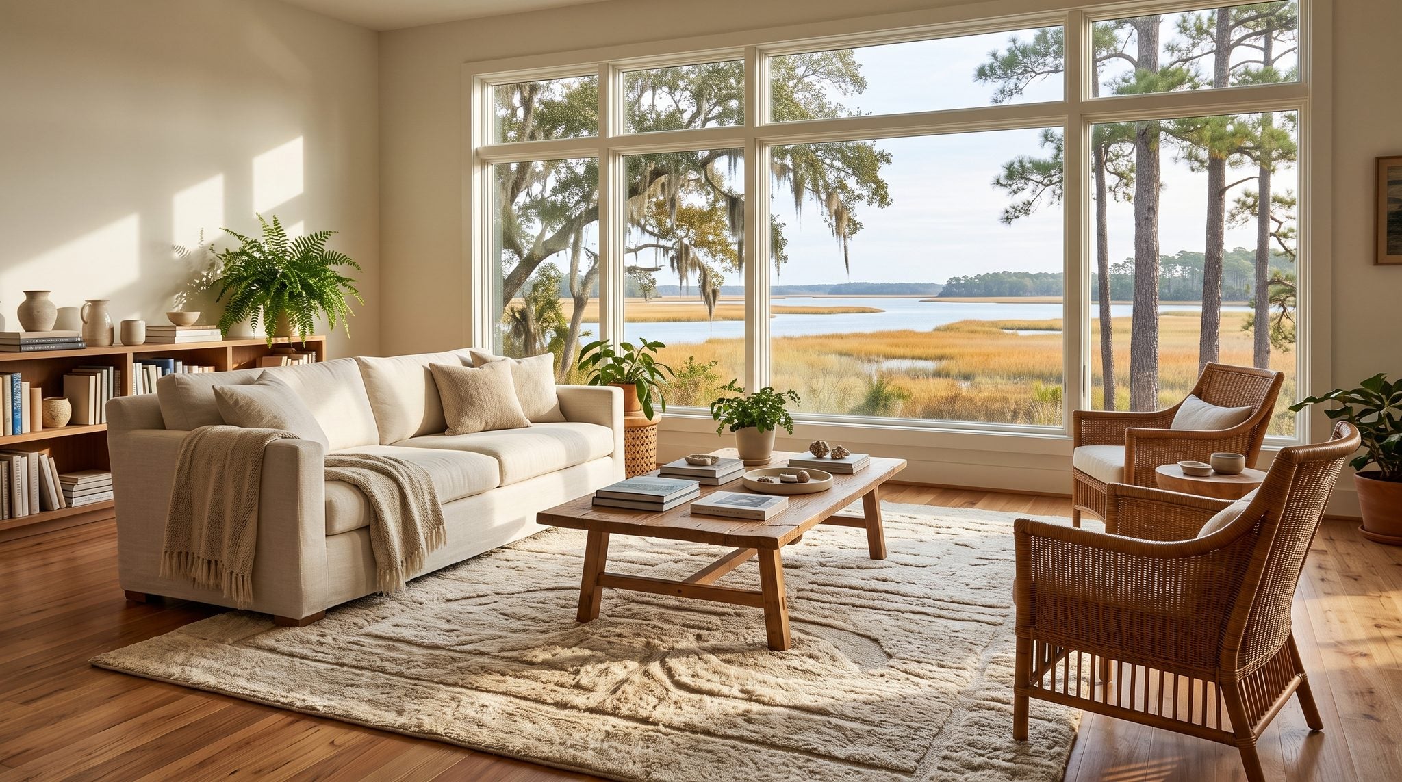 Sunlit living room window overlooking a coastal North Carolina marsh and river with oaks and pines