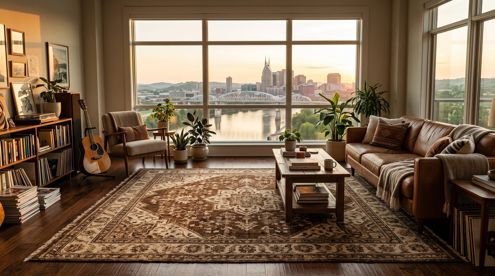 Sunlit living room window overlooking the Nashville skyline, the Cumberland River and rolling Tennessee hills at golden hour