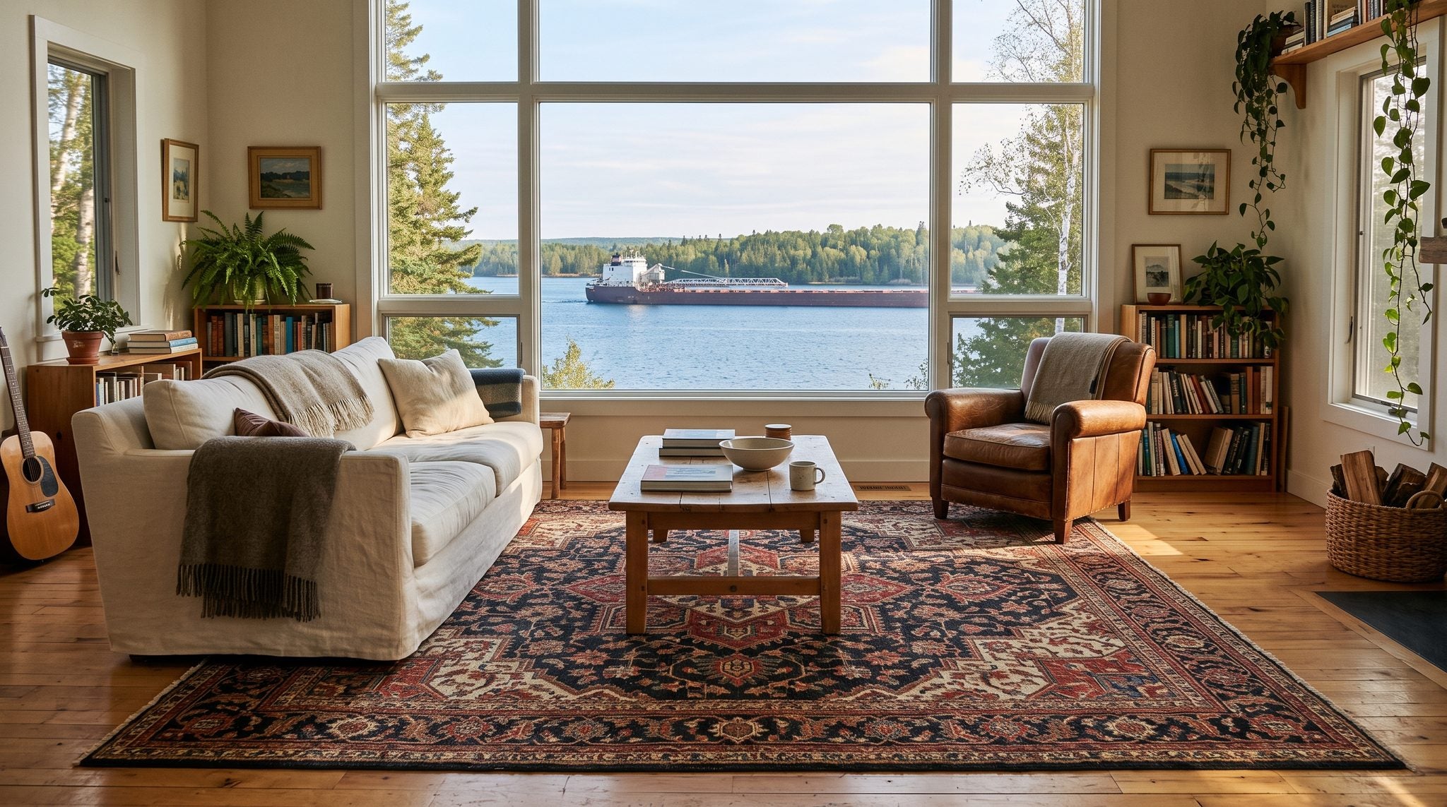 Sunlit room with a window overlooking the St. Marys River, a passing freighter and pine-covered shoreline in the Upper Peninsula