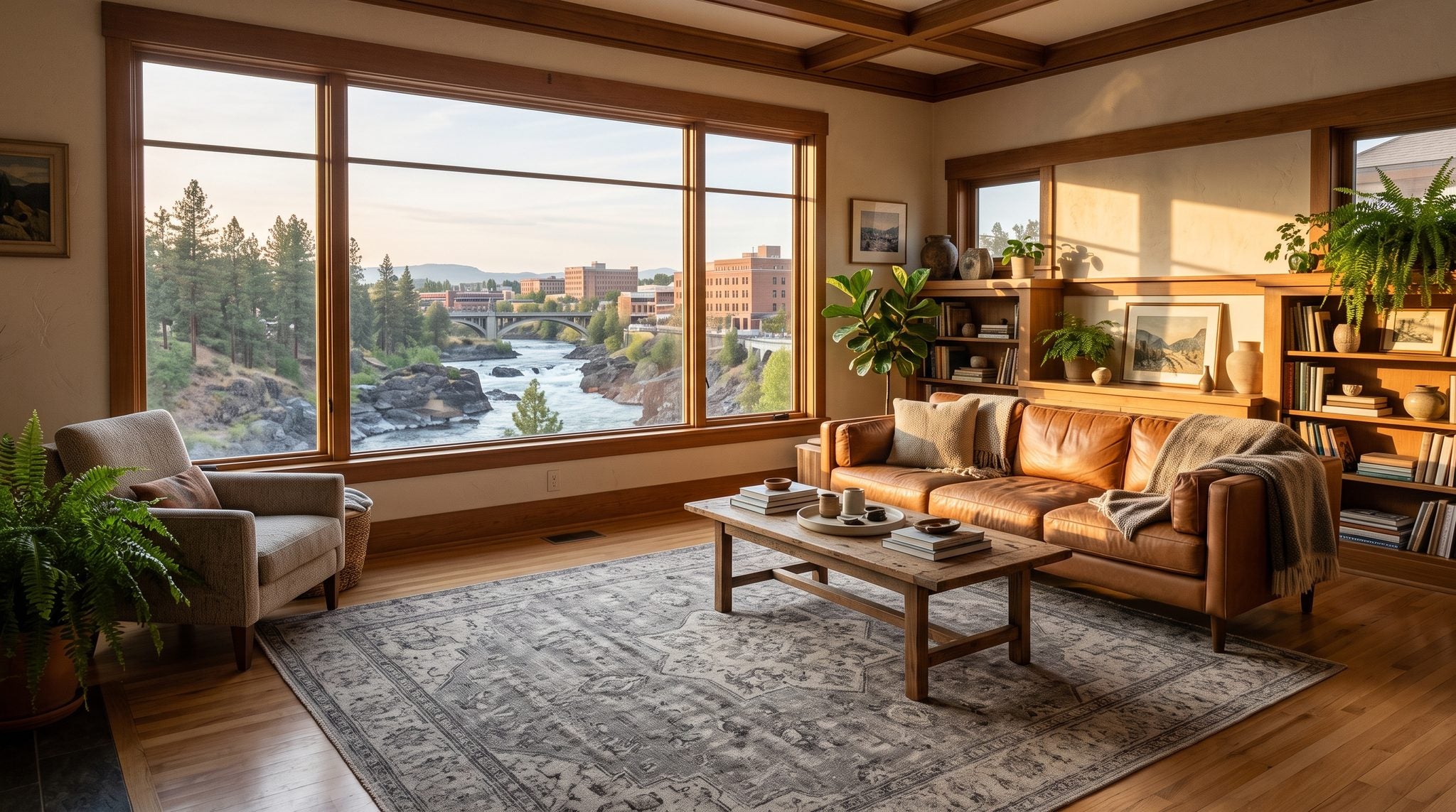 Sunlit room with a window overlooking the Spokane River, pine trees and downtown in golden light