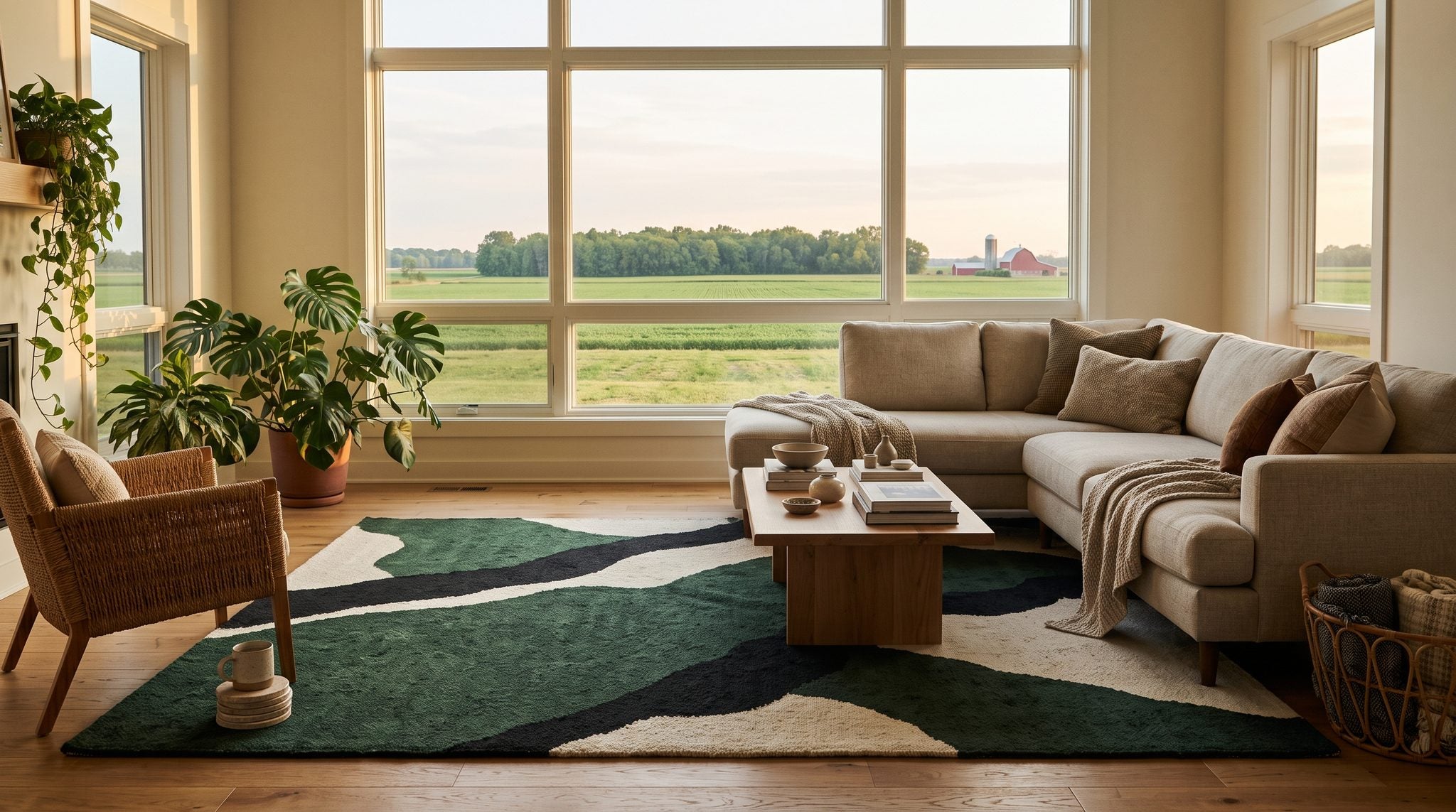 Sunlit window view of green Indiana farm fields and trees under a wide sky near Marion