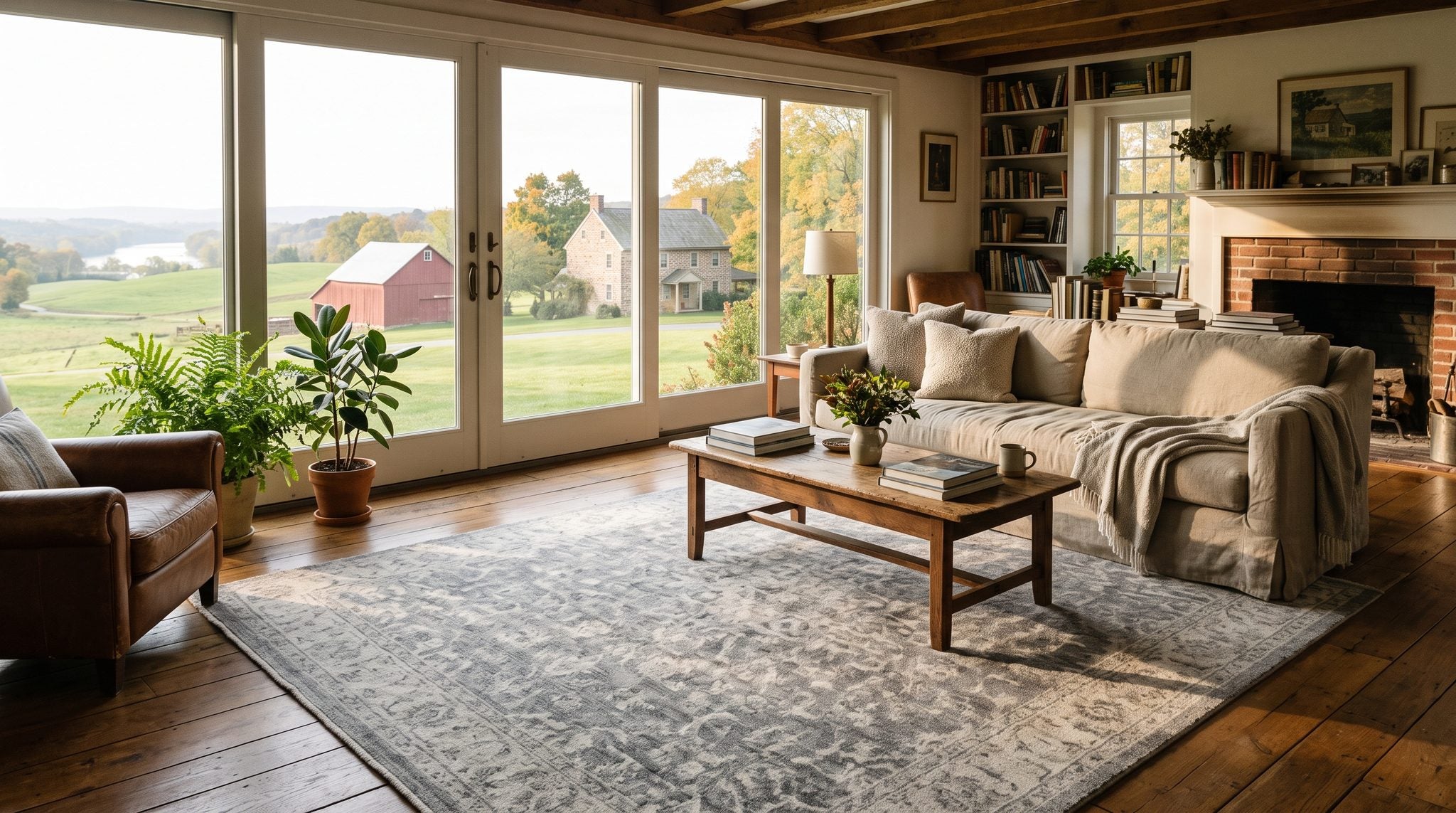 Sunlit living room window overlooking rolling York County farmland, a red barn and distant river in soft morning light