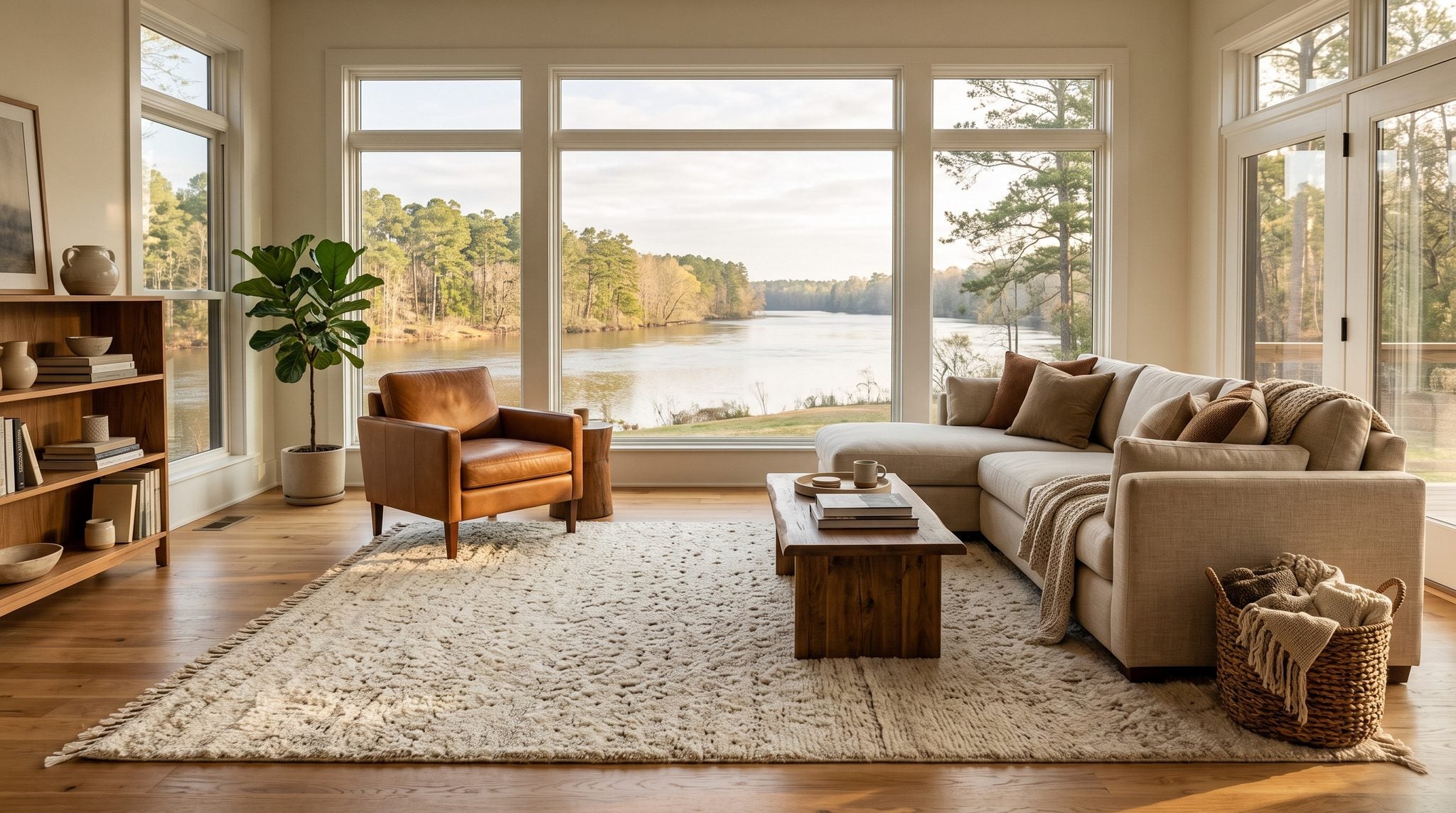Sunlit living room window overlooking a tree-lined river landscape in North Carolina