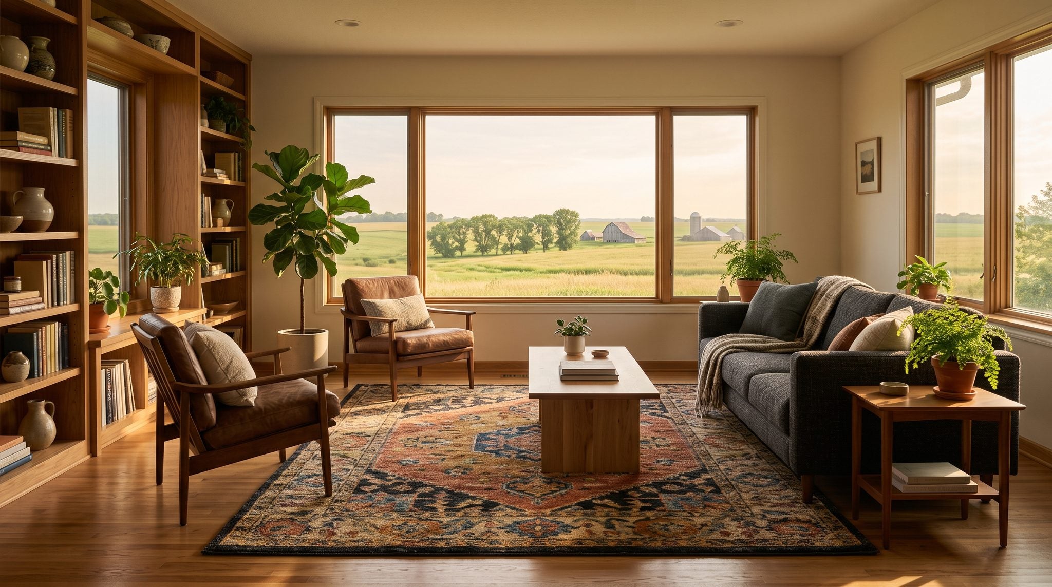Sunlit room with a window looking out over rolling Iowa farm fields and trees under a wide golden sky