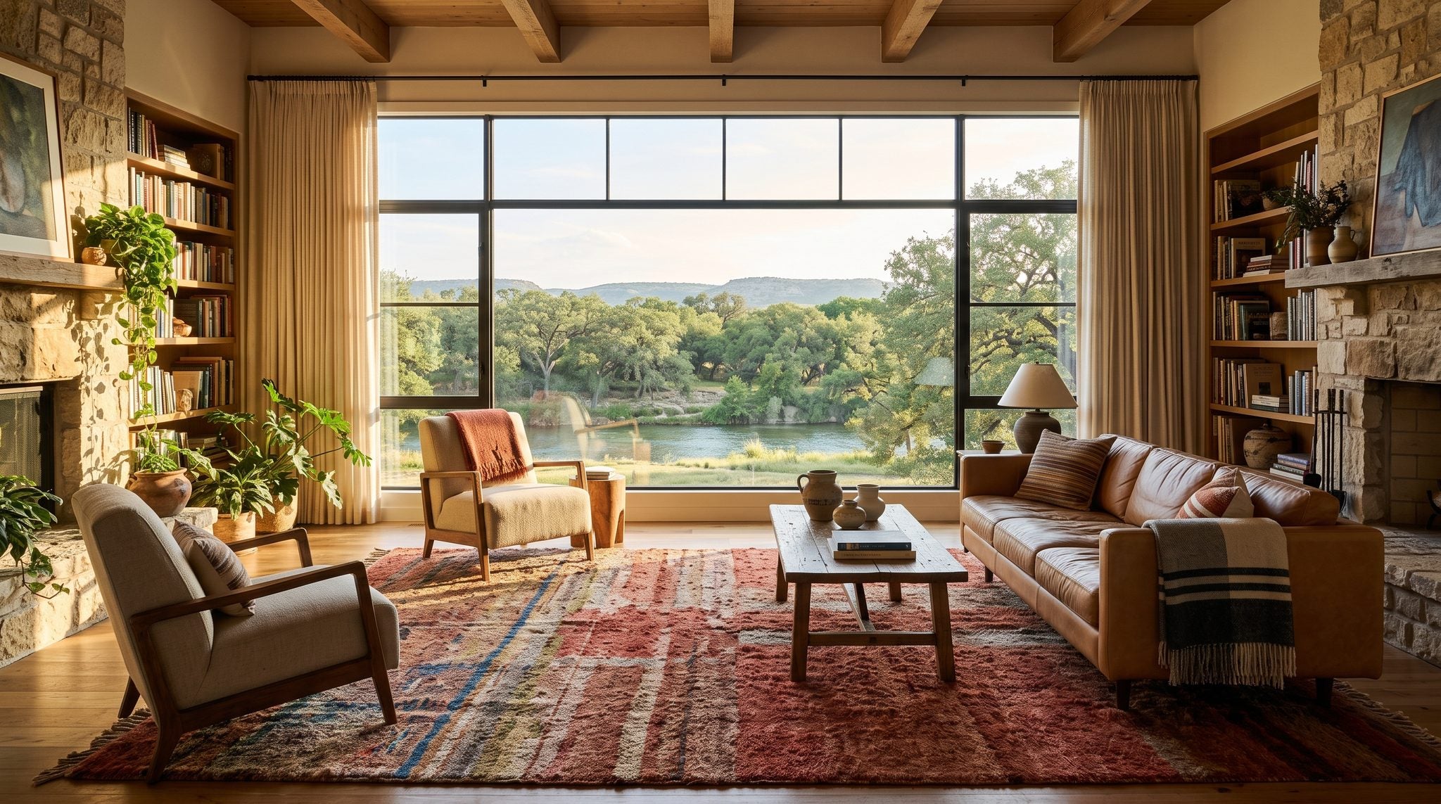 Sunlit living room window overlooking a Texas river valley with live oaks and low hills in warm golden light