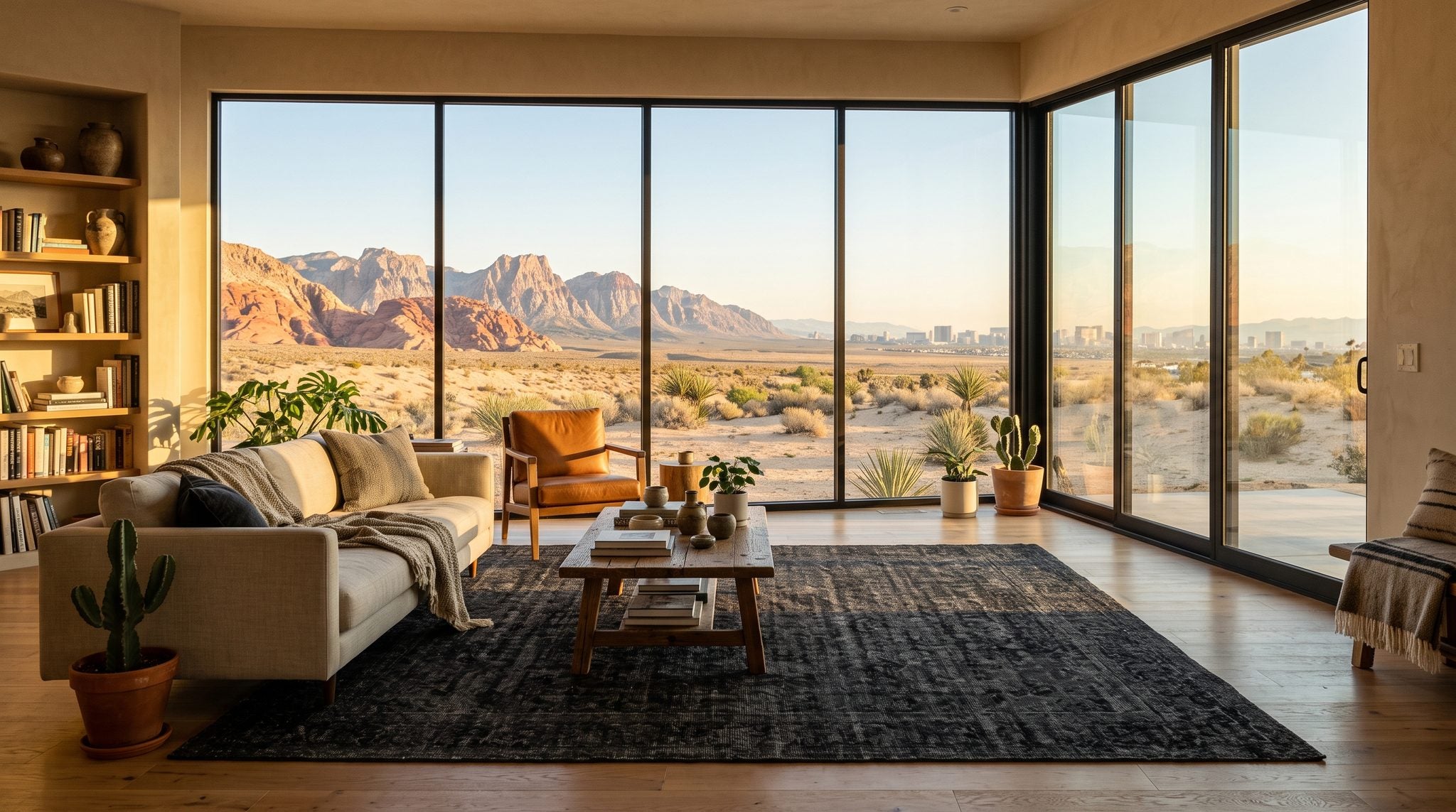 Sunlit living room window overlooking the Las Vegas desert valley with red rock cliffs, mountains and a distant city skyline at golden hour
