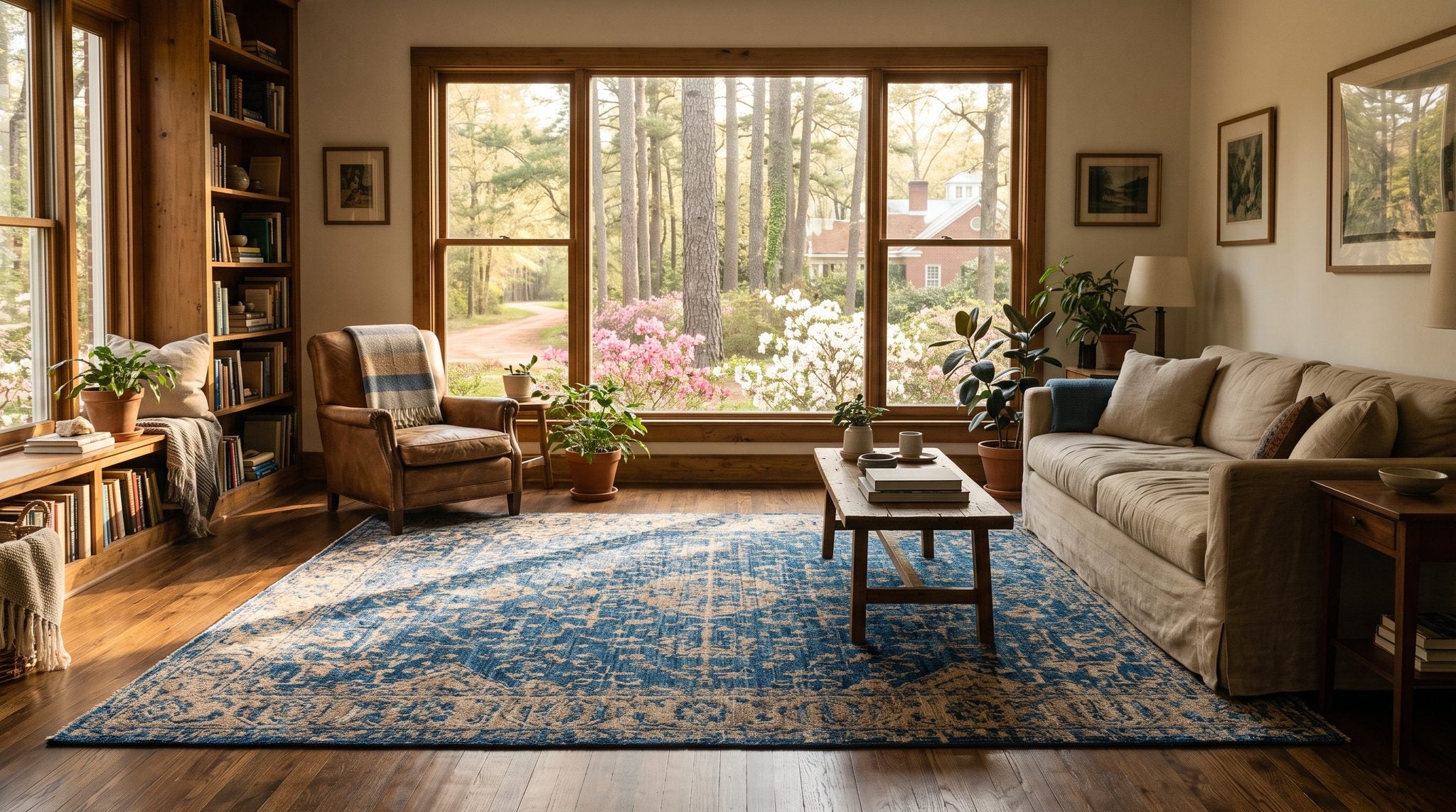 Sunlit window view of tall Piney Woods pines and blooming dogwoods in East Texas