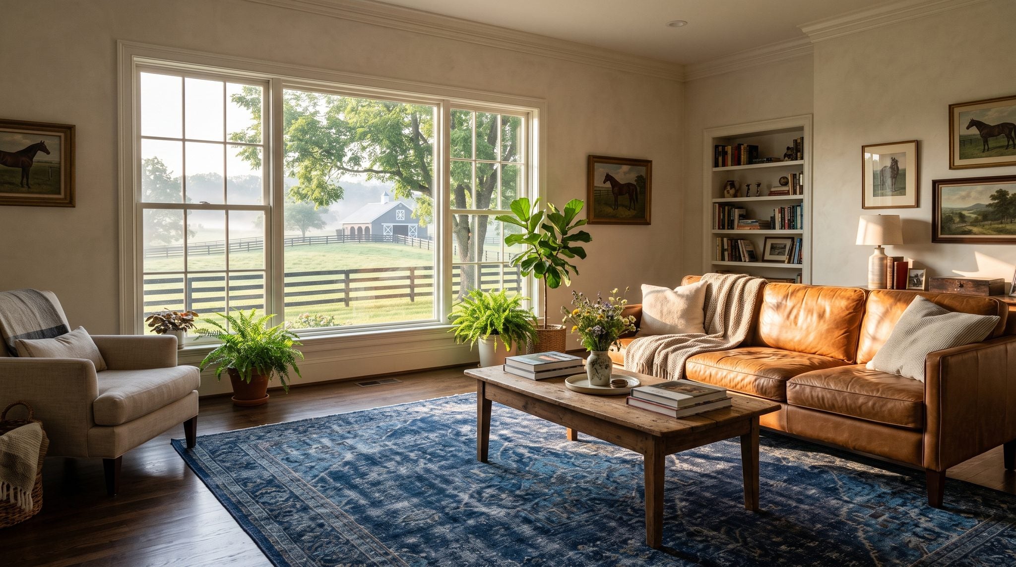 Sunlit room with a window overlooking rolling Bluegrass pastures and plank fences near Lexington, Kentucky