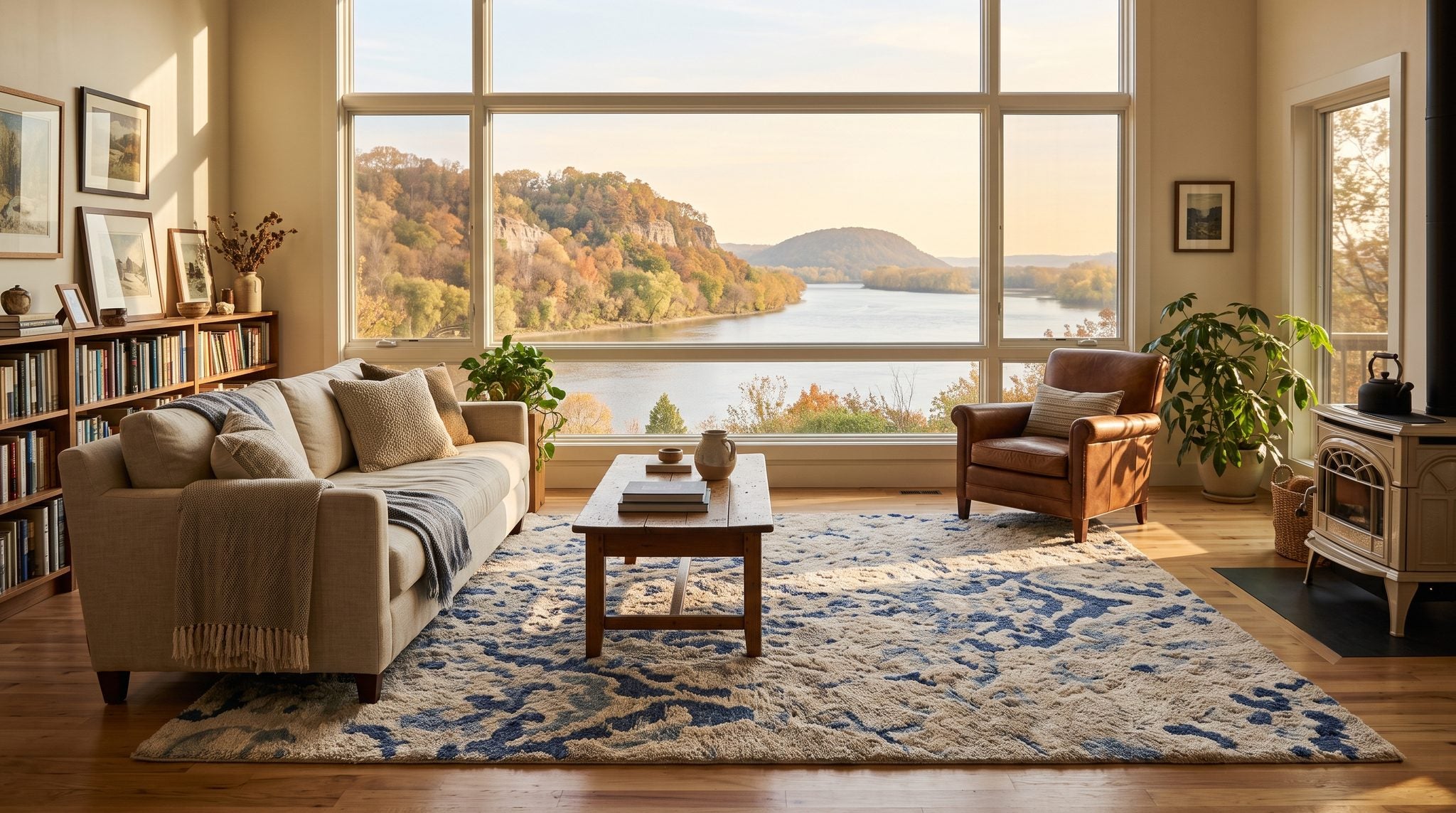 Sunlit living room window overlooking autumn-colored wooded bluffs above the Mississippi River in Red Wing, Minnesota