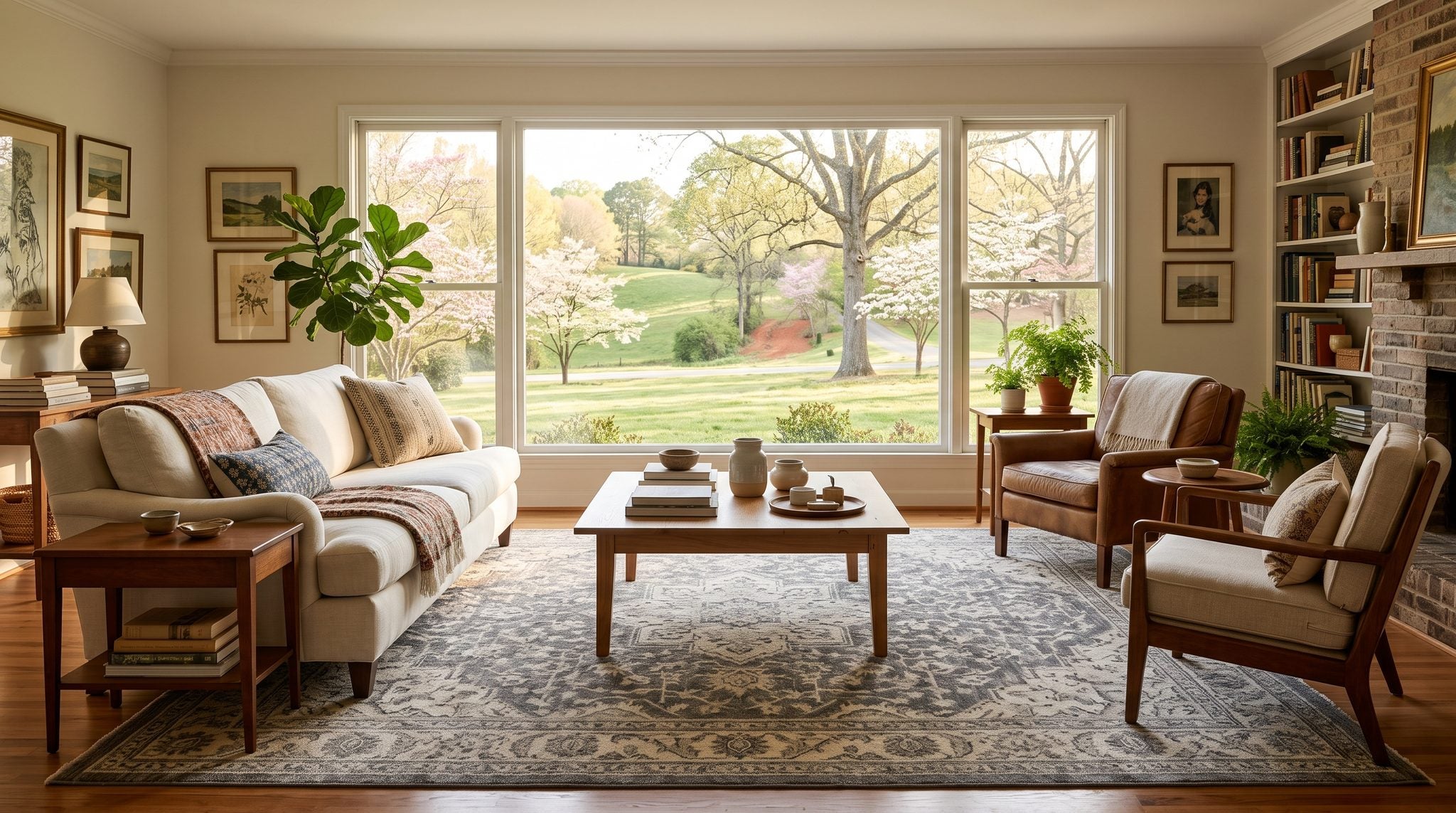 Sunlit living room window overlooking the green, tree-covered rolling hills of the North Carolina Piedmont near Greensboro