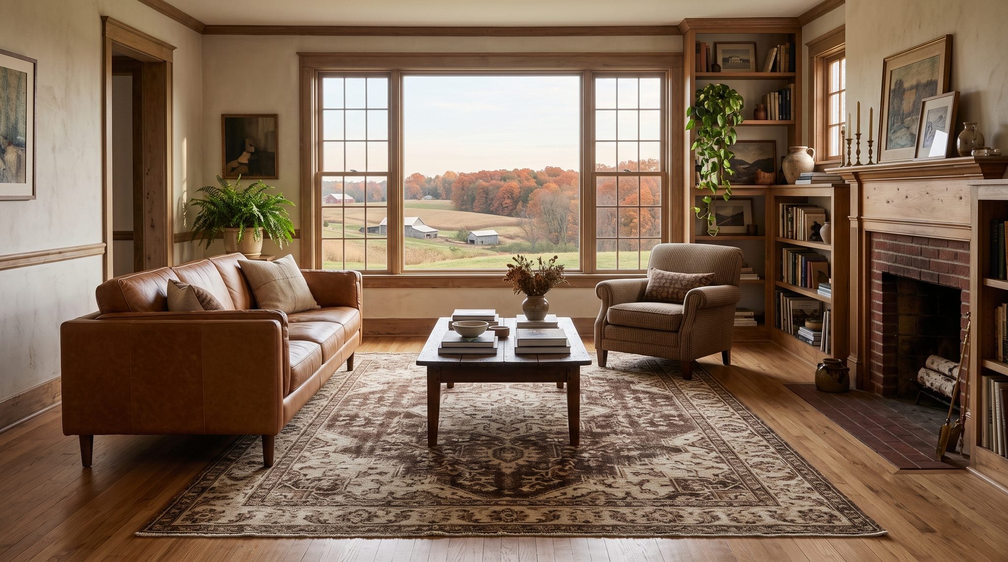 Sunlit window view of autumn-colored rolling hills and farmland near Mansfield, Ohio