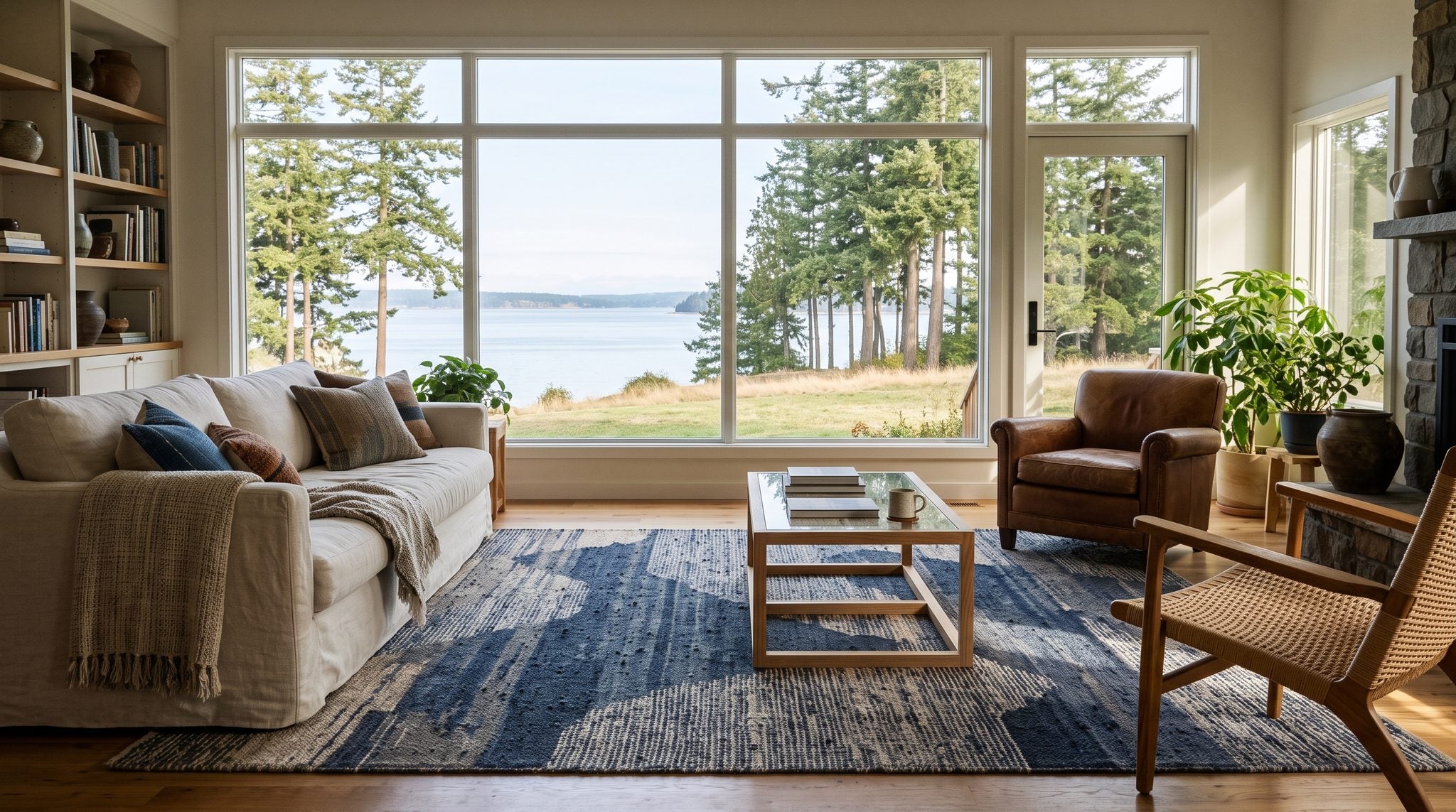 Sunlit room with a large window overlooking calm coastal water and evergreen trees under soft morning light