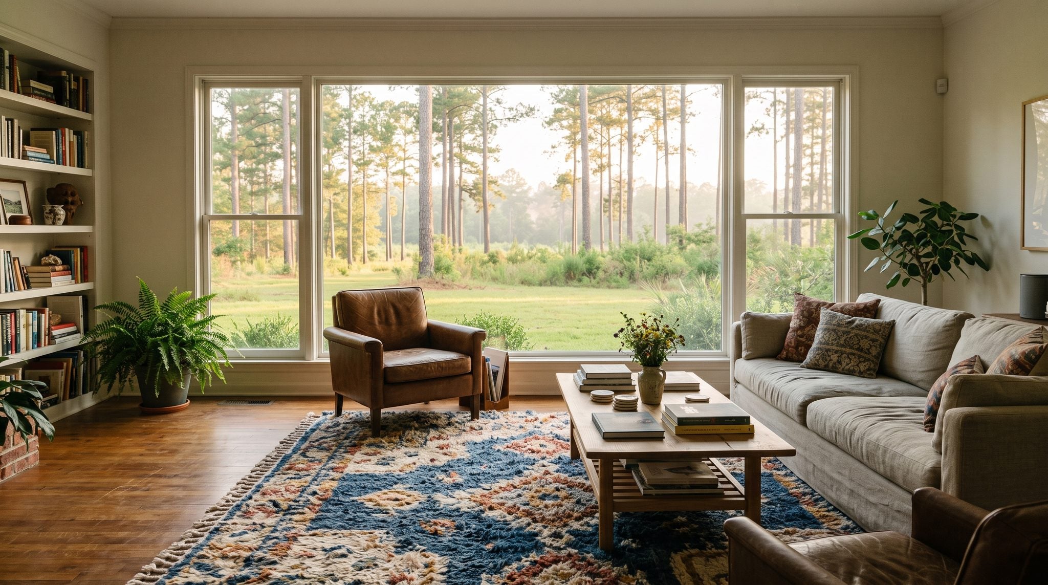 Sunlit window view of tall pine trees and green lawn in the Piney Woods of Mississippi