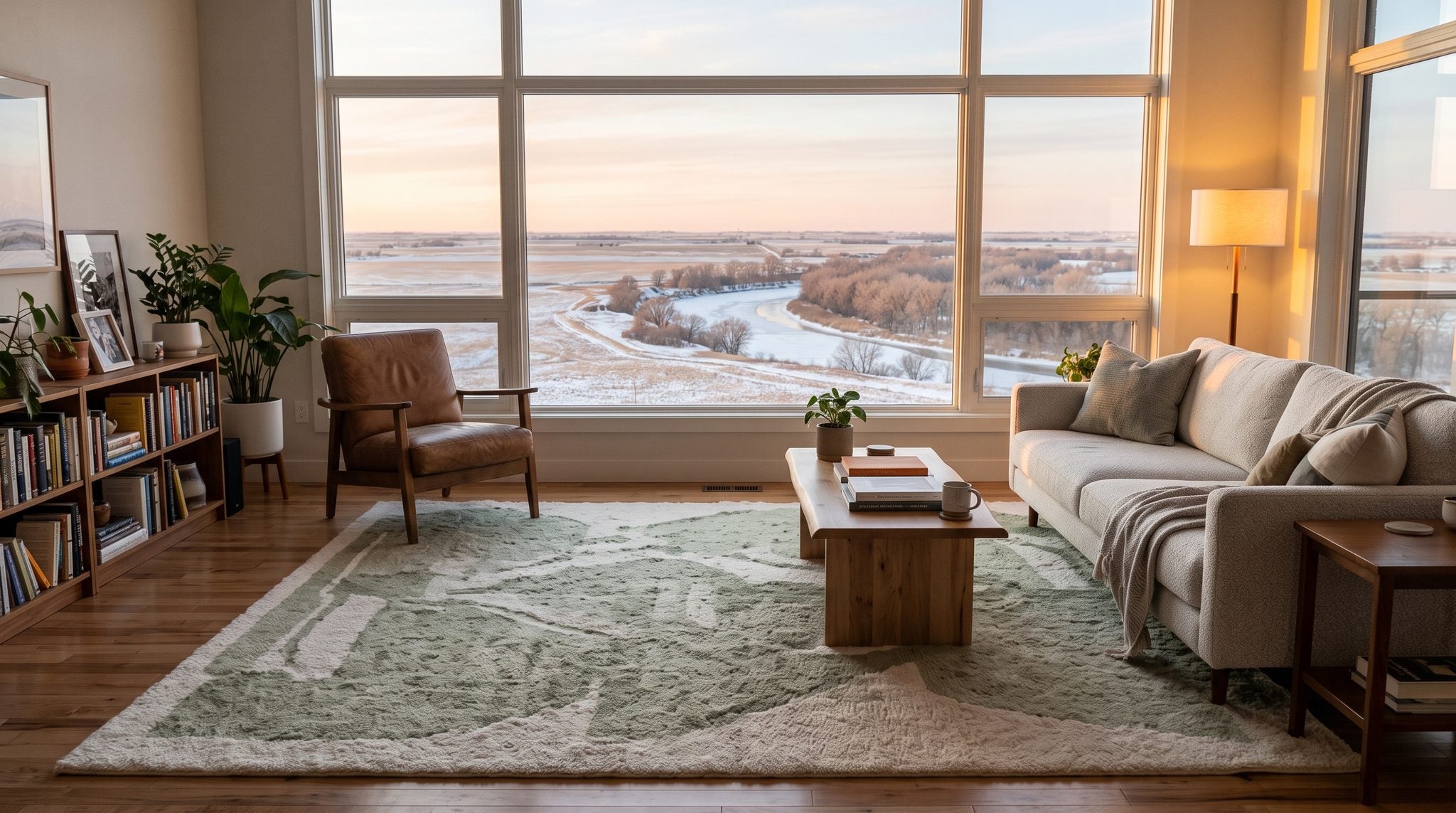 Sunlit living room window looking out over the wide prairie and river valley of Grand Forks at sunset