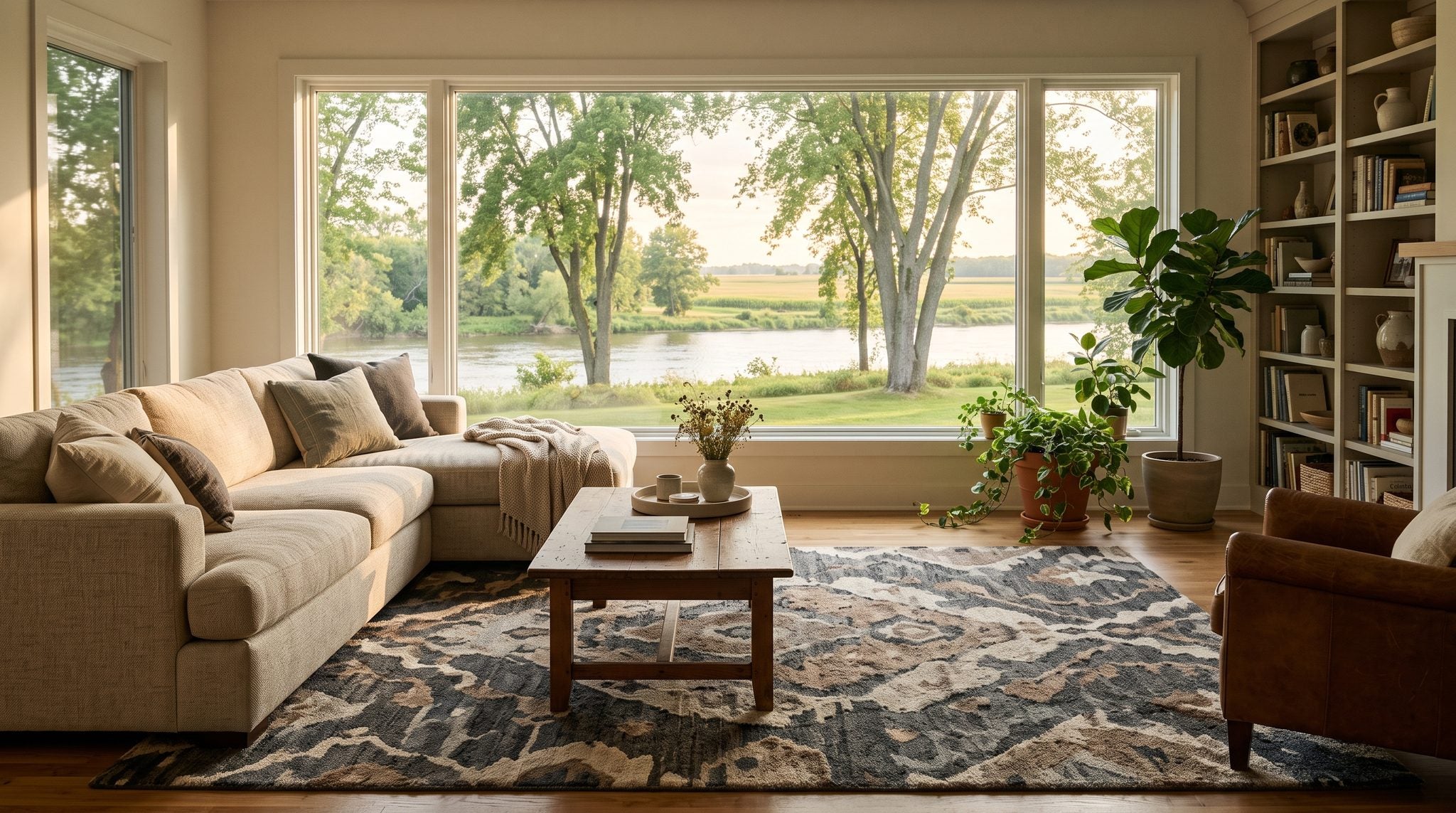 Sunlit living room window overlooking the Rock River and golden farm fields near Sterling, Illinois