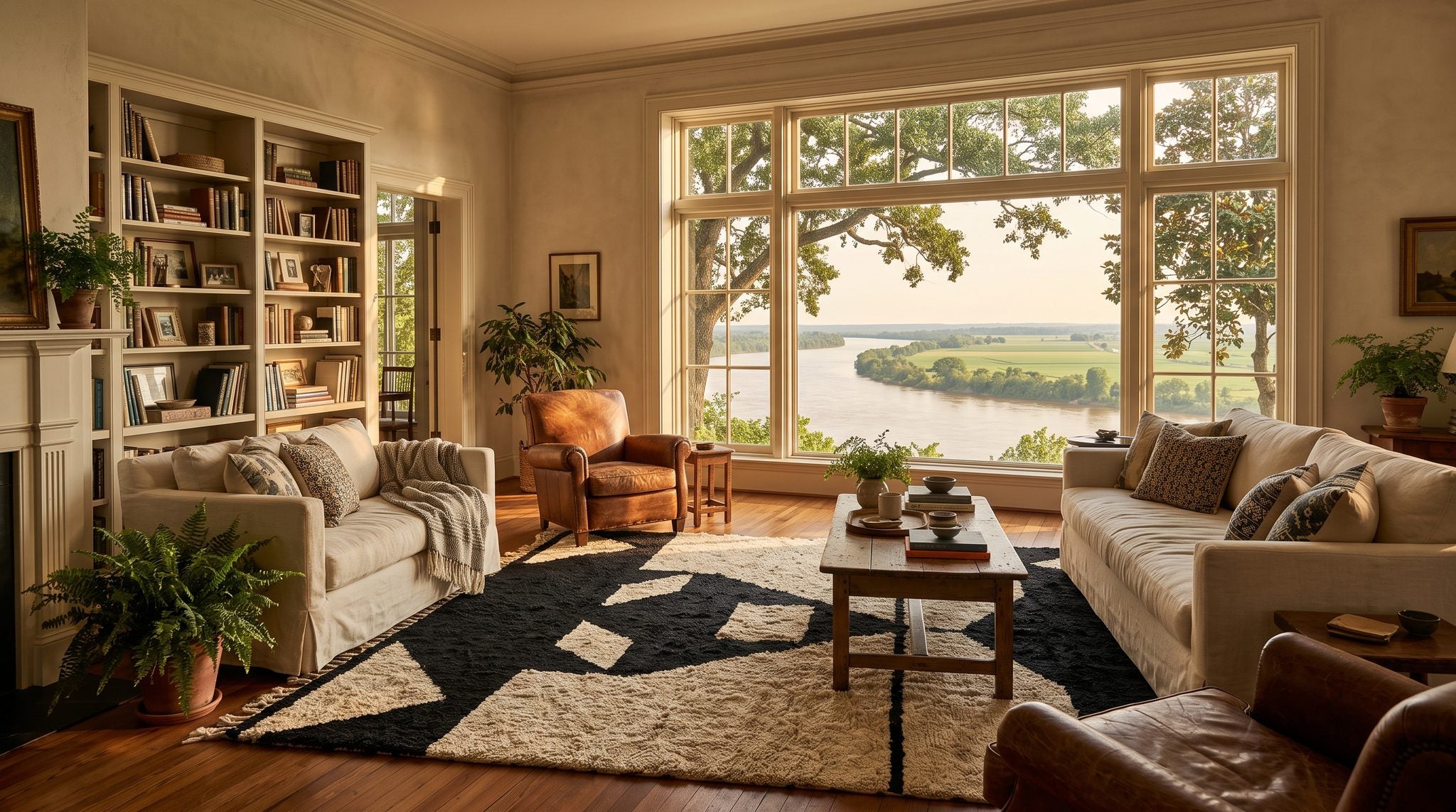 Sunlit room with a window overlooking the Mississippi River from the Vicksburg bluffs, with magnolia branches and golden light