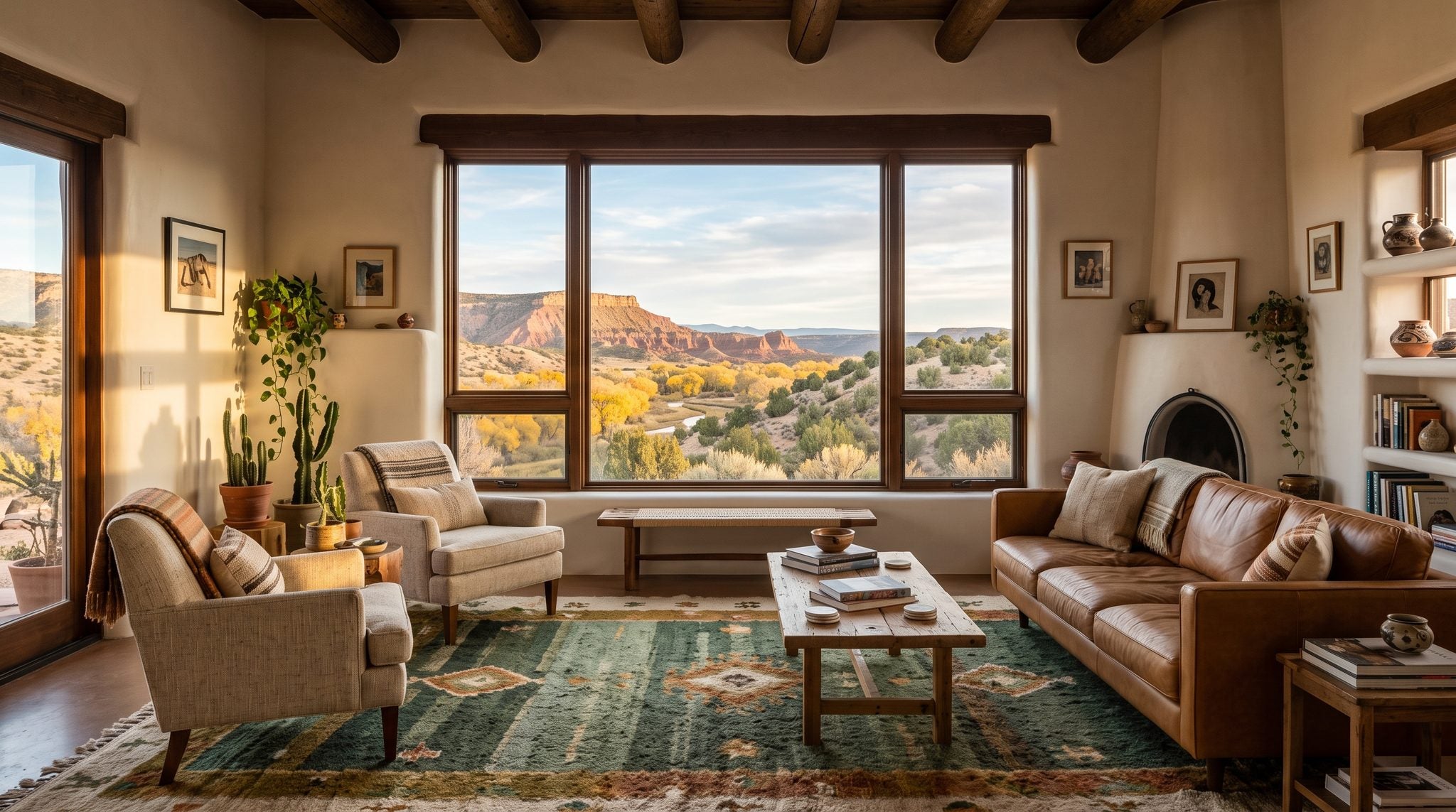 Sunlit room with a window view of red mesa cliffs, golden cottonwoods and high desert hills in northern New Mexico