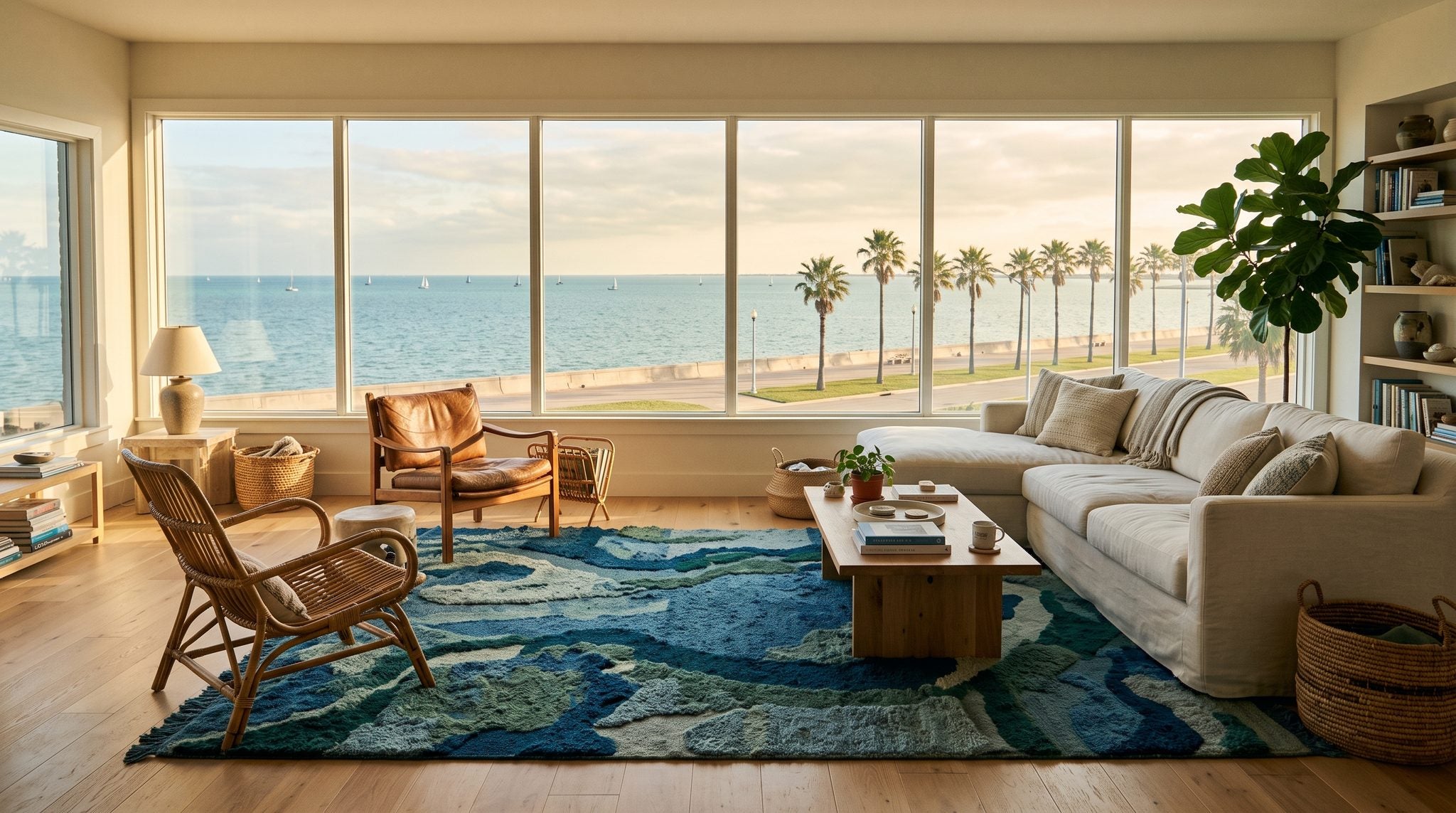 Sunlit room with a window overlooking the sparkling bay and palm-lined shore of the Texas Gulf Coast