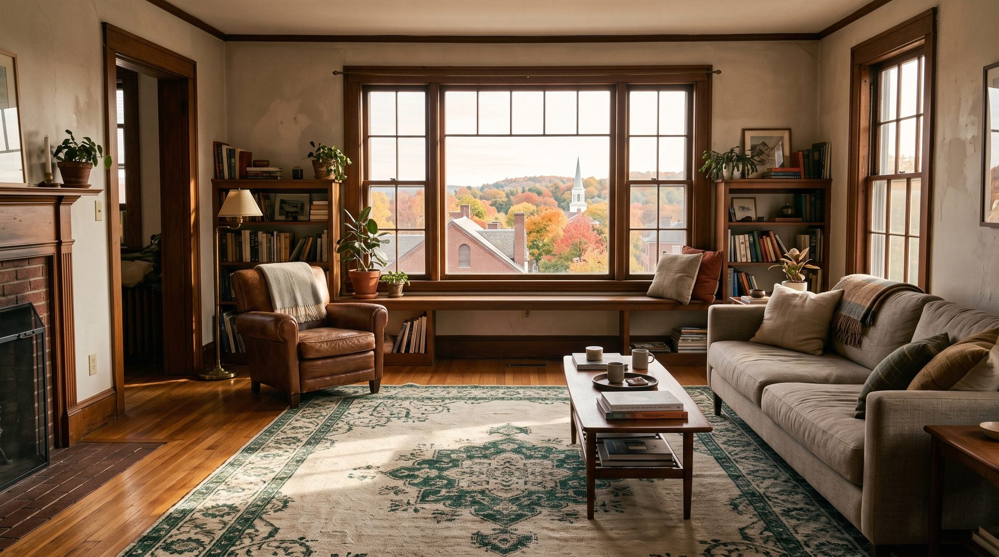 Sunlit room with a window overlooking autumn-colored hills and rooftops in the Worcester, Massachusetts area