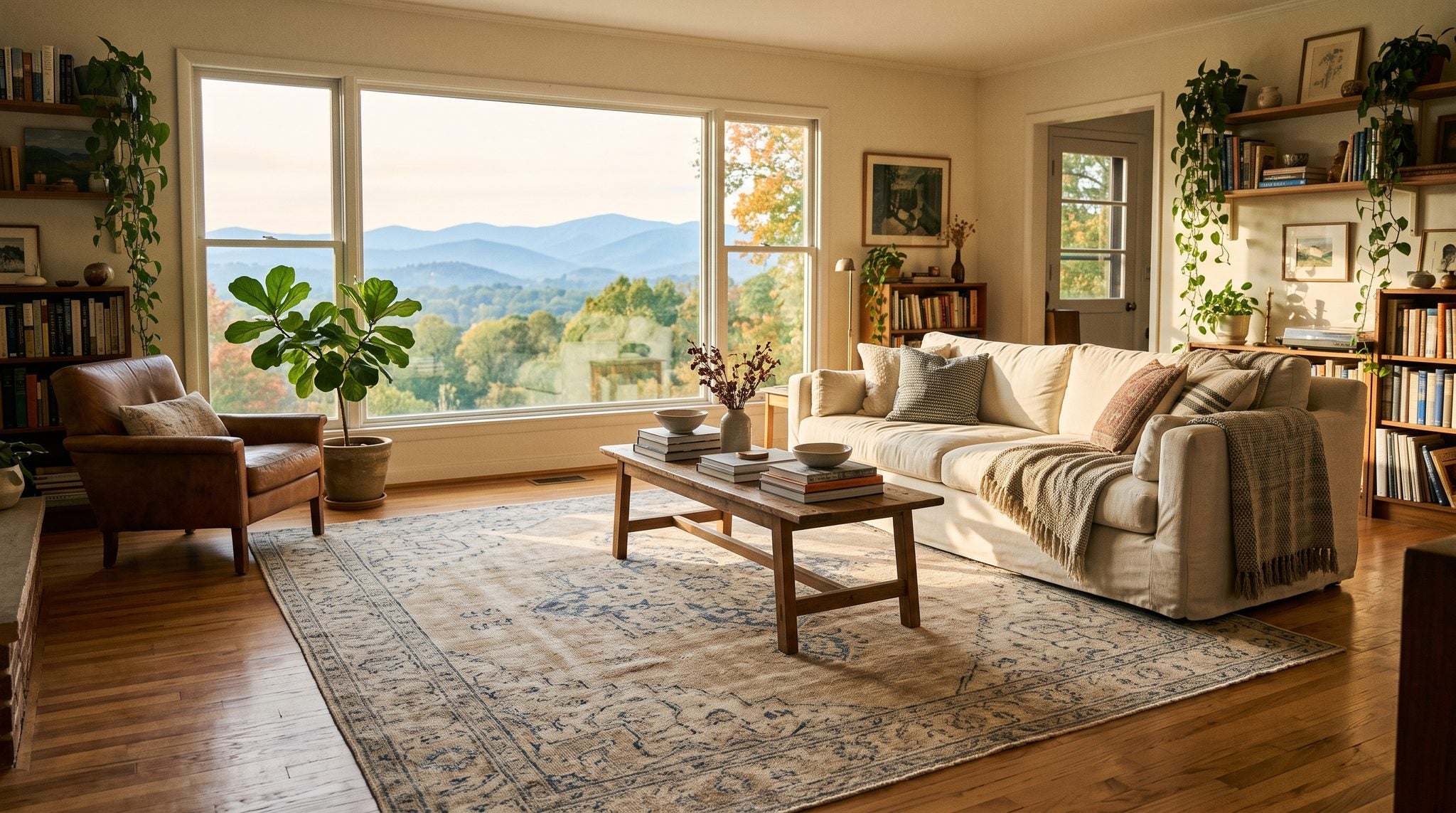 Sunlit window view of the Blue Ridge Mountains rising over the green Roanoke Valley