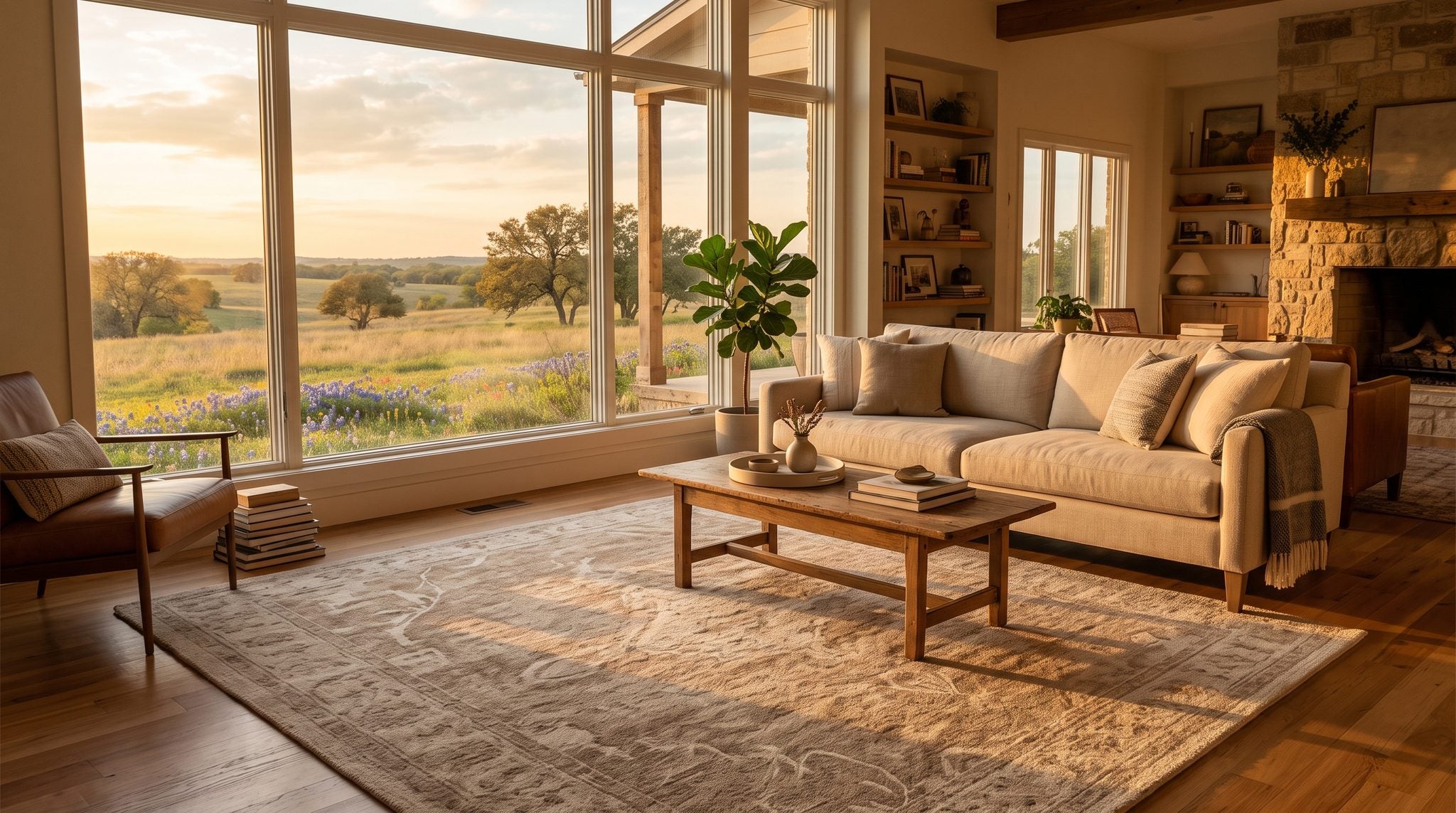 Sunlit room with a window overlooking Brazos Valley prairie, post oaks and wildflowers under a wide Texas sky