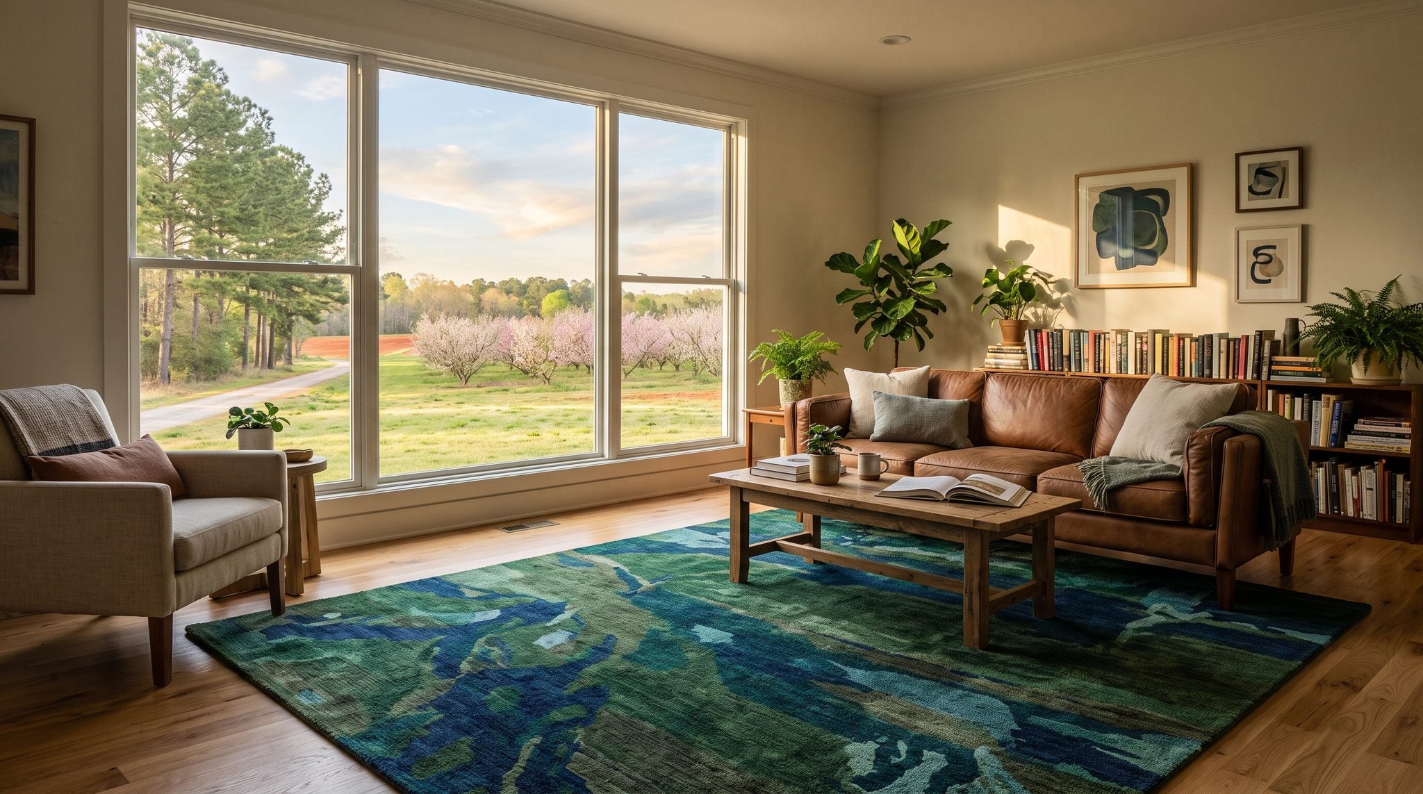 Sunlit window view of Georgia pines, a blooming orchard and red clay fields under a warm blue sky
