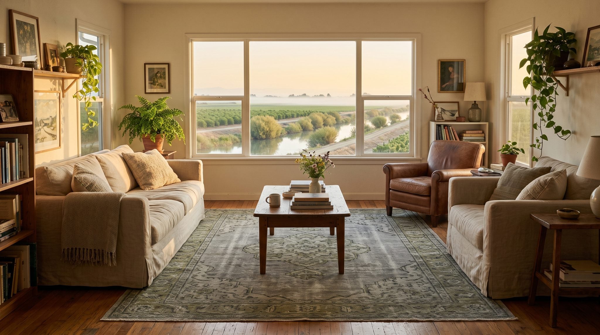 Sunlit room with a window overlooking a Delta waterway, levee, orchards and vineyards near Stockton at golden hour