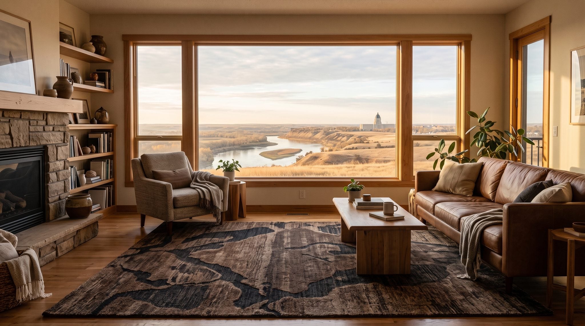 Sunlit room with a window looking out over the Missouri River and golden prairie near Bismarck, North Dakota