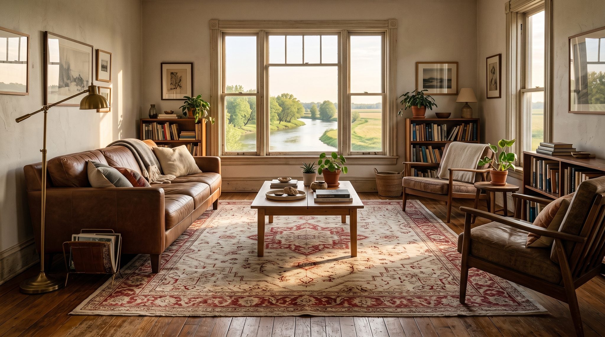 Sunlit room with a window overlooking the Wabash River and Indiana farm fields near Peru