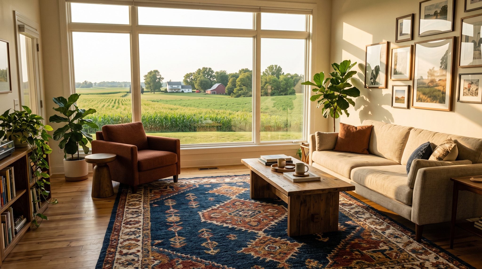Sunlit room with a window overlooking Indiana farm fields, a red barn and tall trees under a wide sky