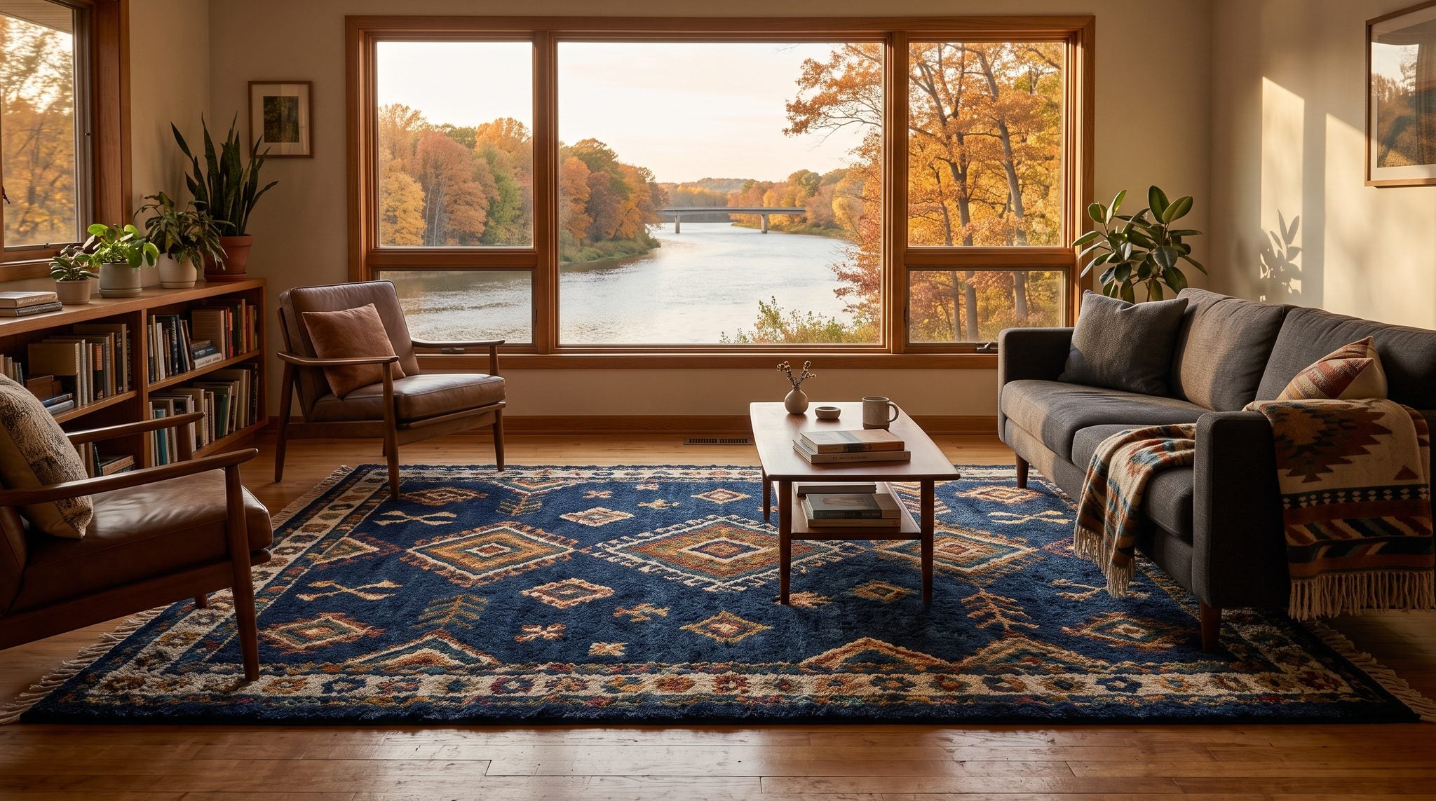 Sunlit room with a window overlooking the Wisconsin River and autumn hardwood trees near Wisconsin Rapids