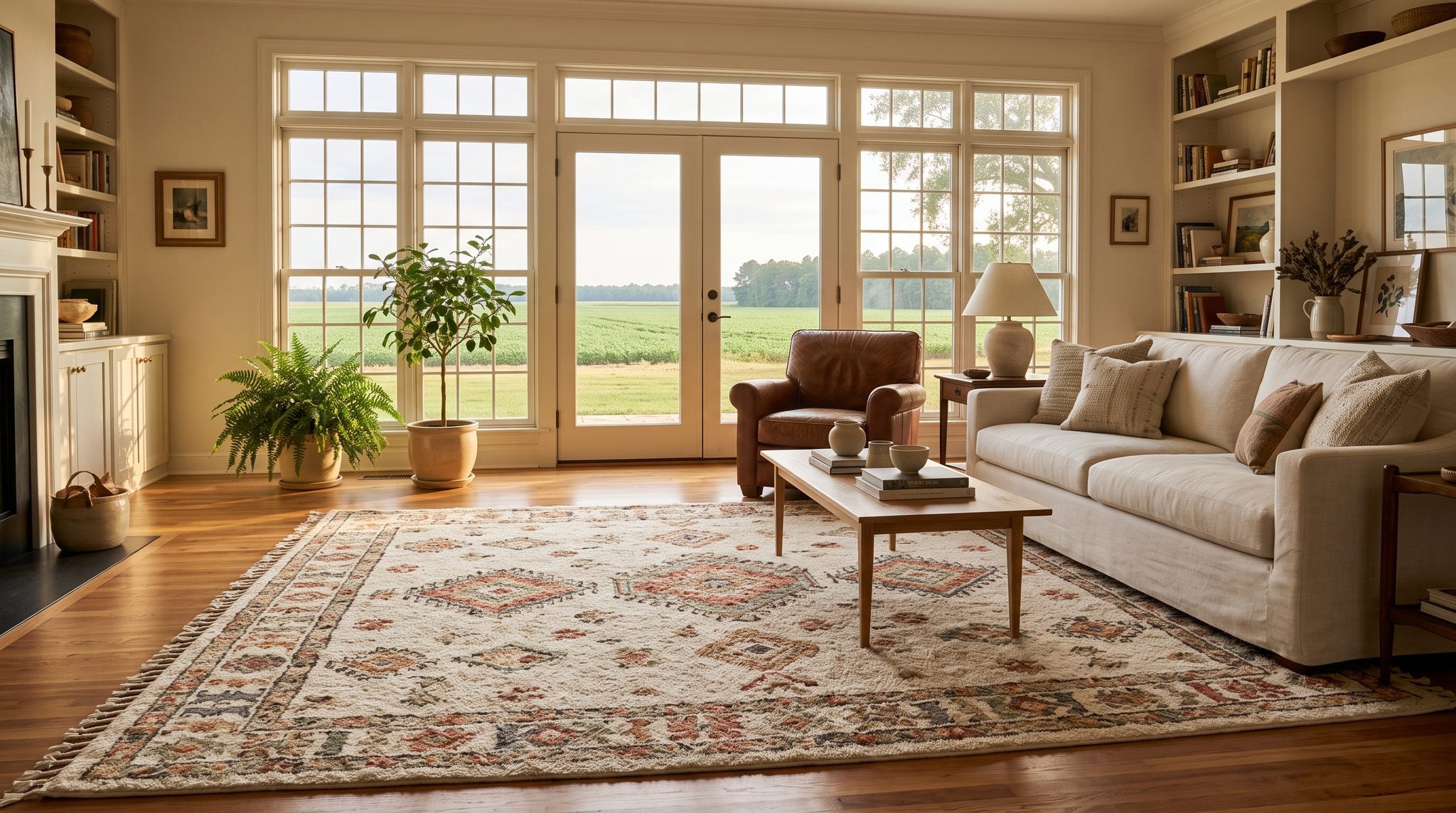 Sunlit window view of golden Wiregrass farm fields and pine trees under a wide Alabama sky