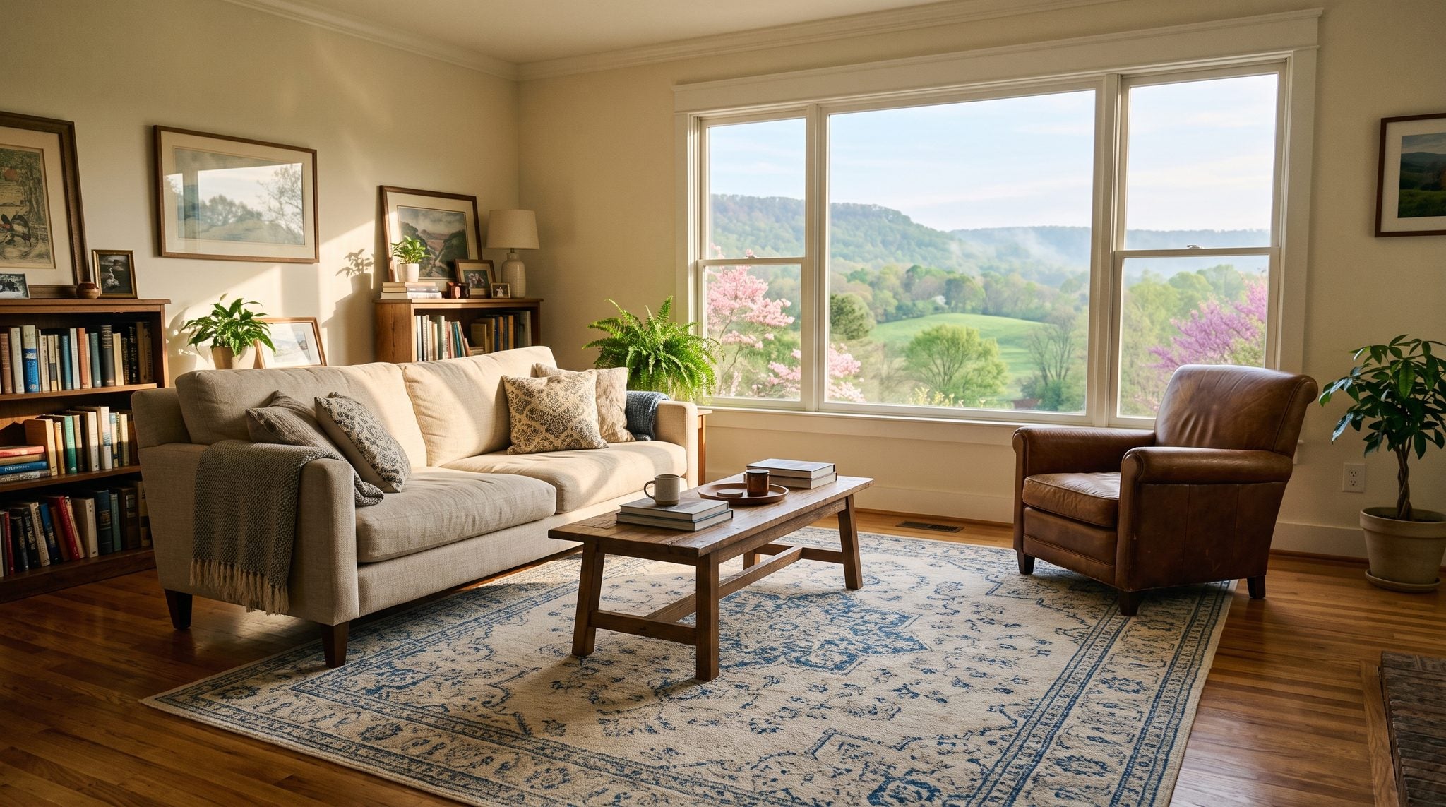 Sunlit window view of the wooded Monte Sano ridge and green Tennessee Valley hills near Huntsville, Alabama