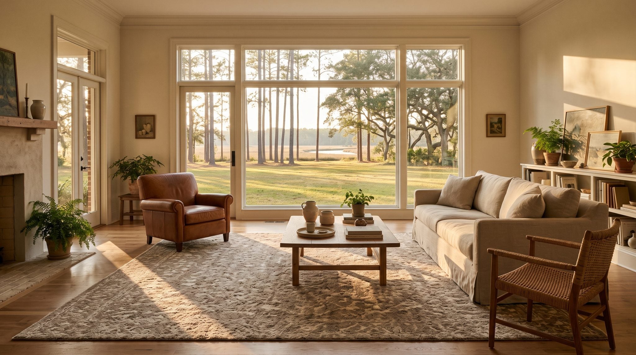 Sunlit window view of tall Georgia pines and golden light over the flat countryside near Jesup
