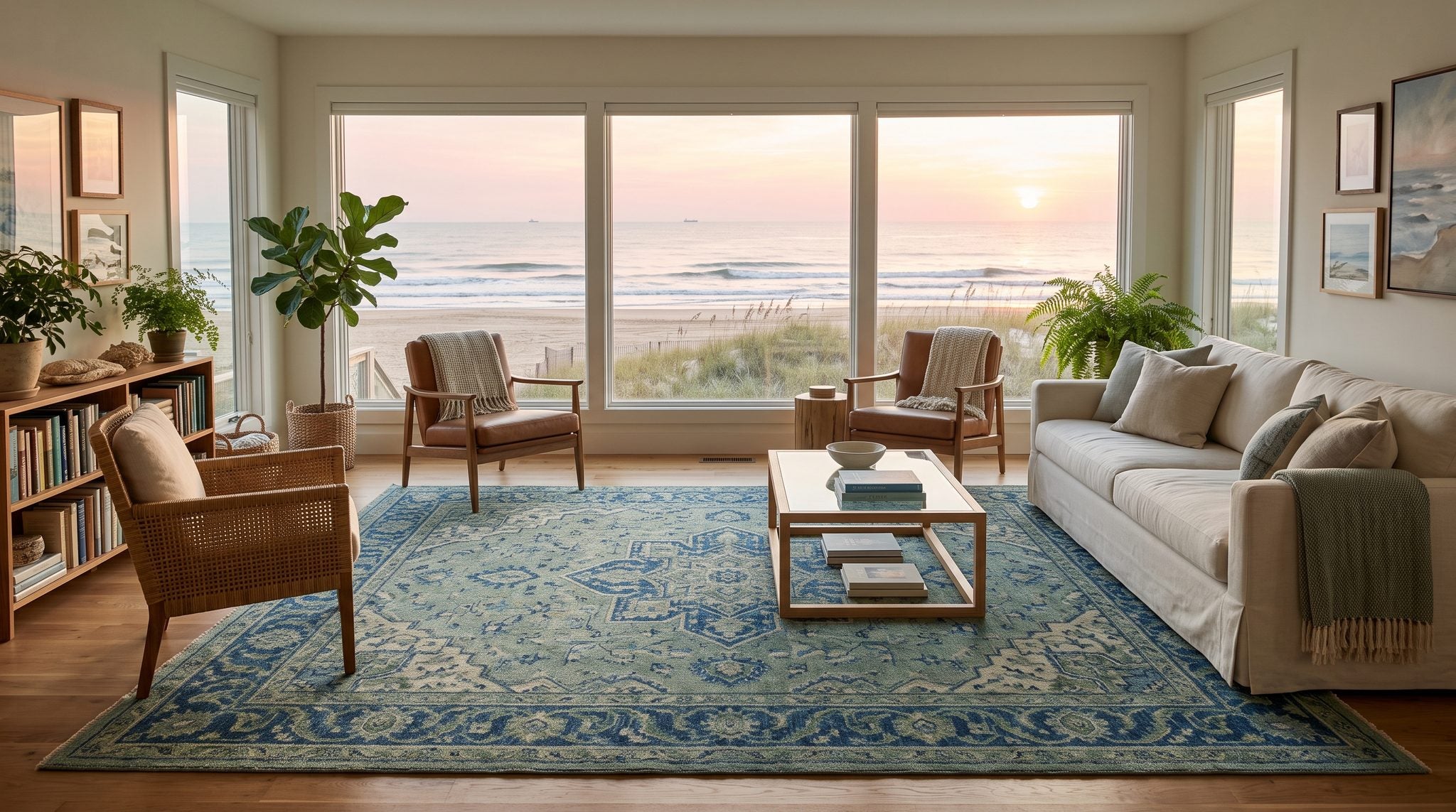 Sunlit room with a window overlooking the Atlantic shoreline, dunes and sea oats at Virginia Beach at sunrise