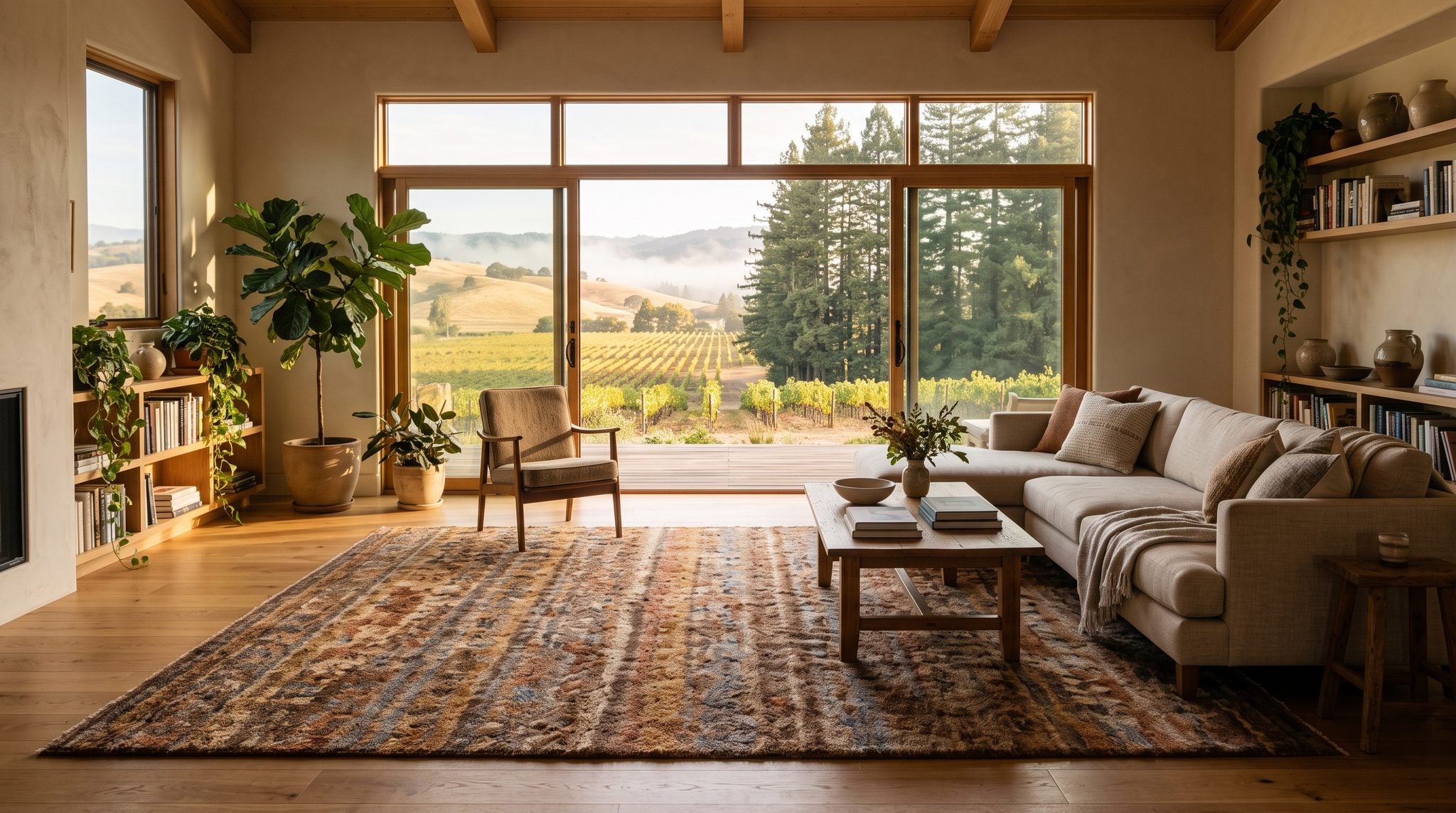 Sunlit room with a window overlooking vineyard rows, golden hills and redwoods in Sonoma County wine country