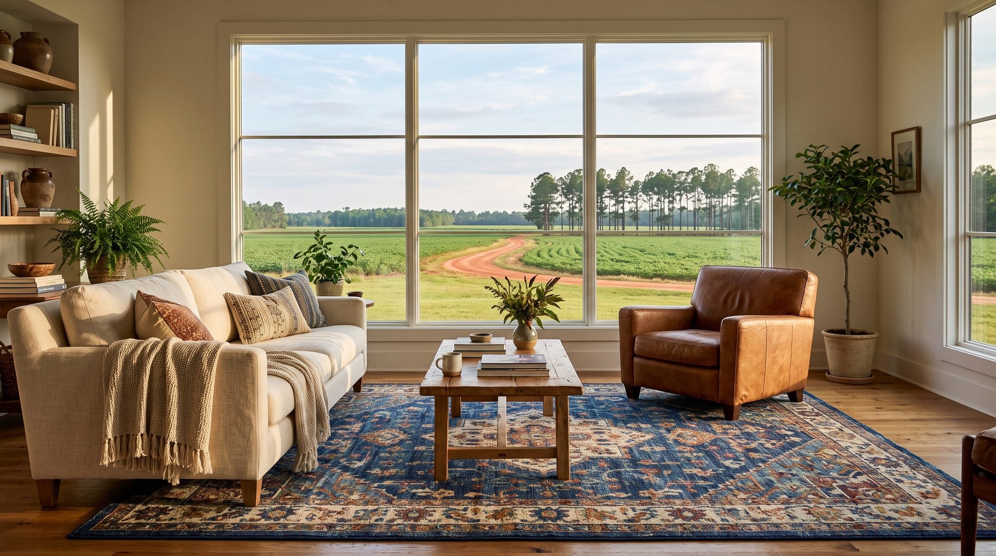 Sunlit room with a window looking out on golden Alabama farm fields and pine trees under a wide blue sky