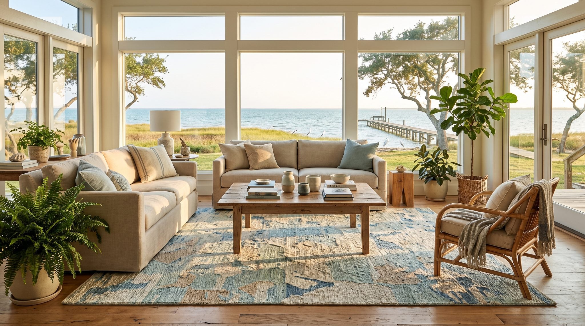 Sunlit living room window overlooking calm Gulf Coast bay water, marsh grass and live oaks near Bay City, Texas