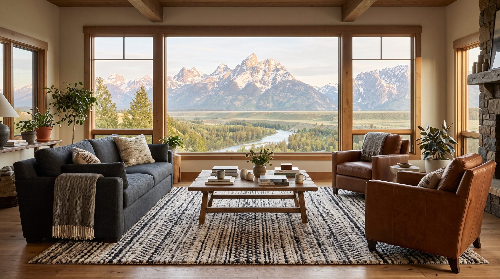 Sunlit room with a window looking out on the snow-capped Teton Range above the Jackson Hole valley