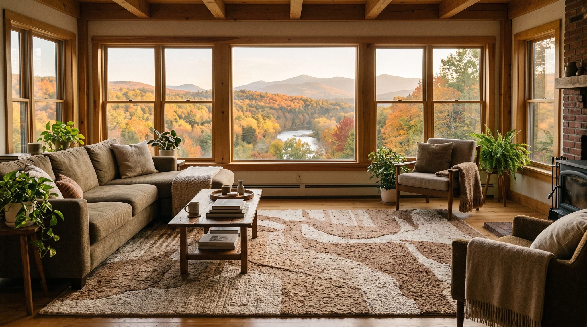 Sunlit room with a window overlooking a river valley and autumn-colored mountains in New Hampshire's North Country