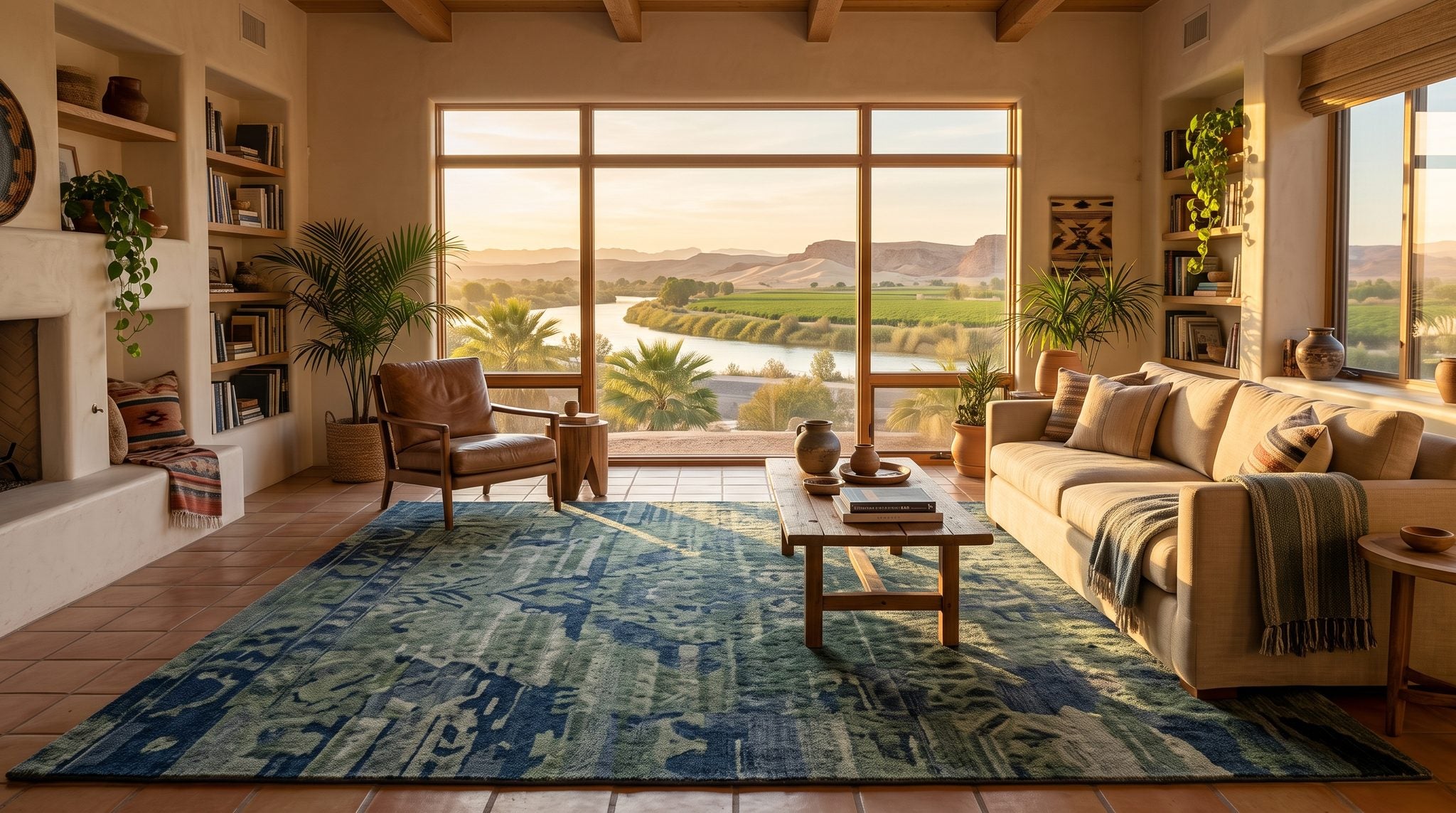 Sunlit room with a window overlooking the Colorado River, green fields and golden desert near Yuma, Arizona