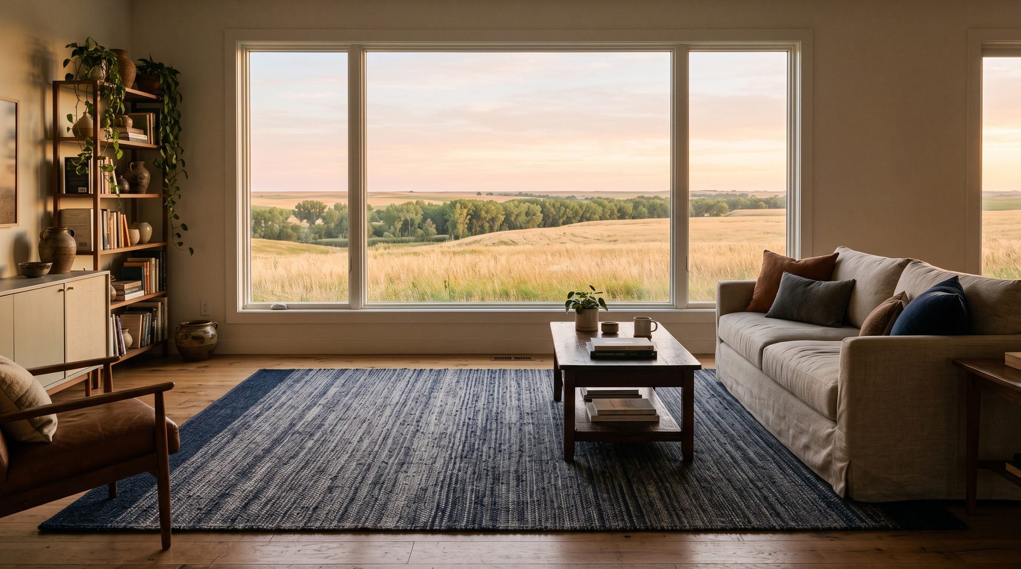 Sunlit living room window overlooking golden Kansas prairie, wheat fields and cottonwood trees under a wide sky
