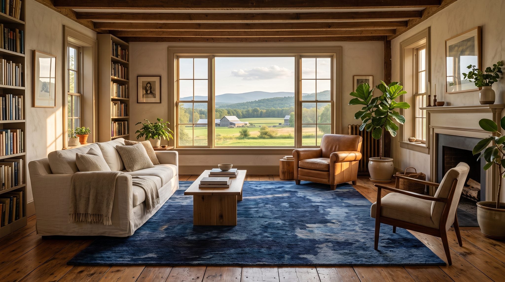 Sunlit window looking over green Hudson Valley fields, a red barn and wooded hills under warm golden light