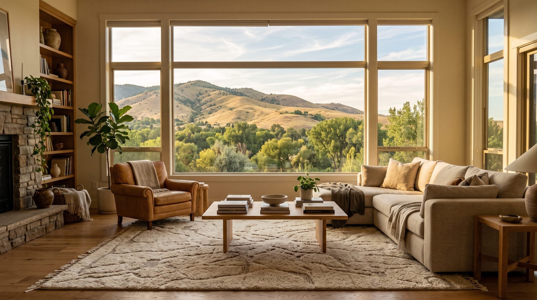 Sunlit room with a window view of the Boise Foothills and river valley trees under a wide Idaho sky