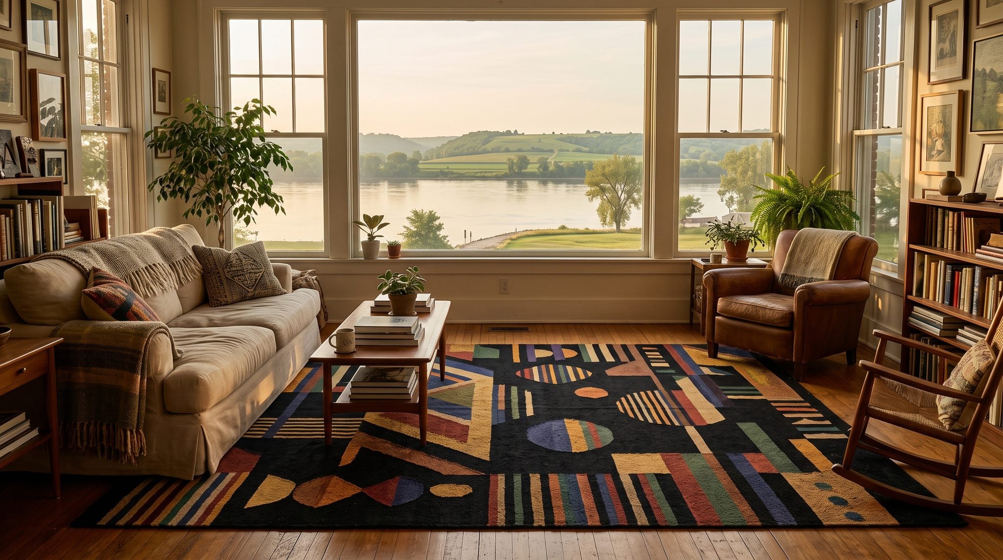Sunlit window view of the wide Mississippi River and green riverbank near Fort Madison, Iowa