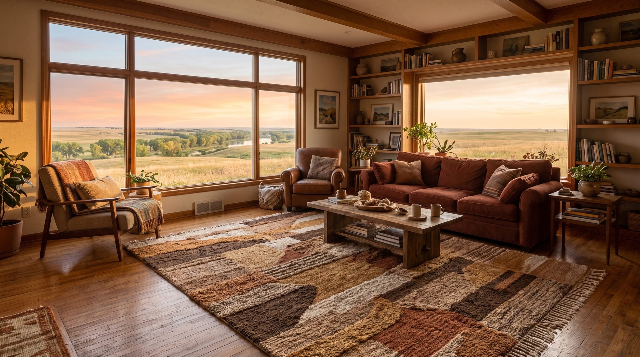 Sunlit room with a window overlooking golden prairie fields and river cottonwoods under a wide North Dakota sky