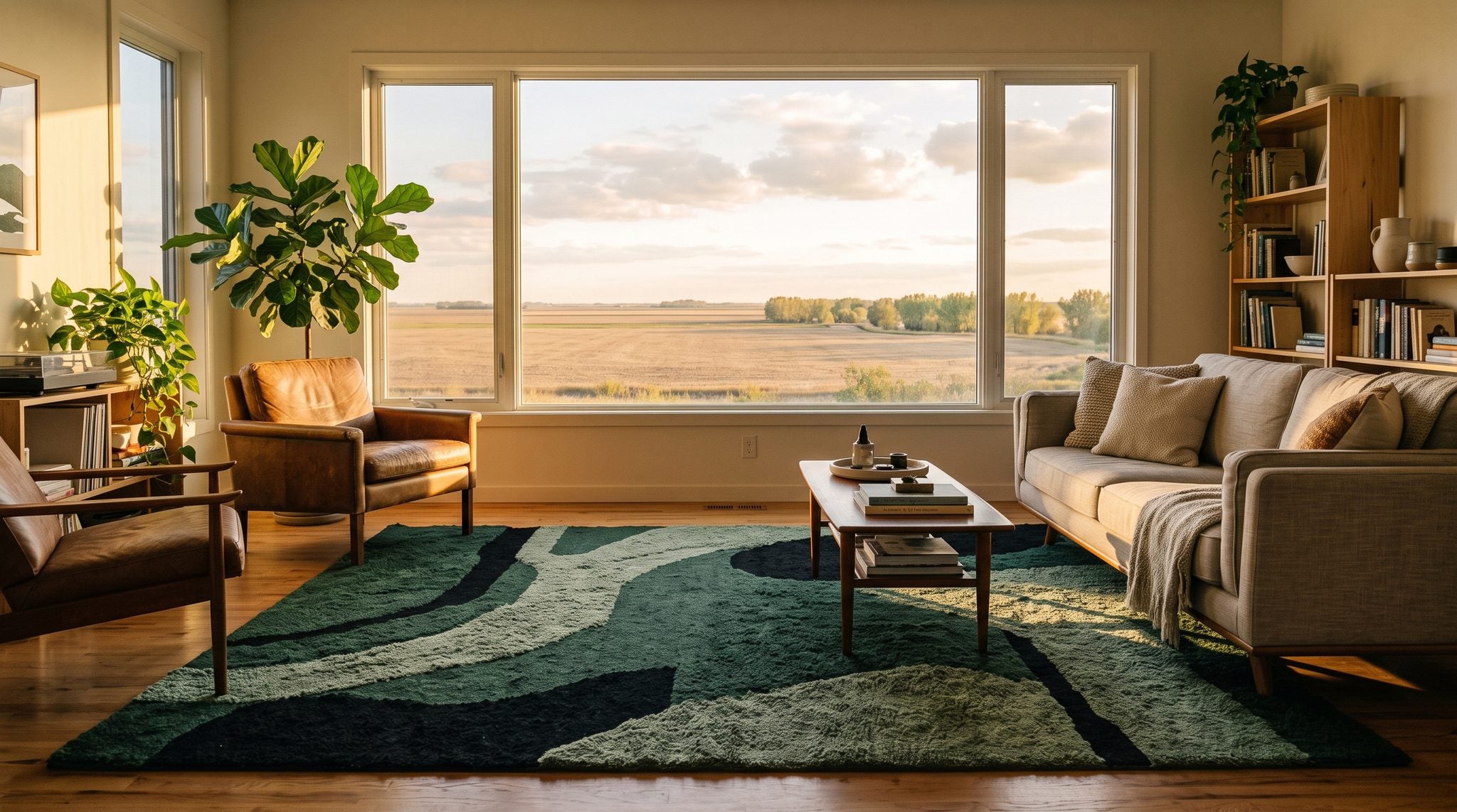 Sunlit living room window overlooking the wide, flat prairie and golden sky of the Fargo area