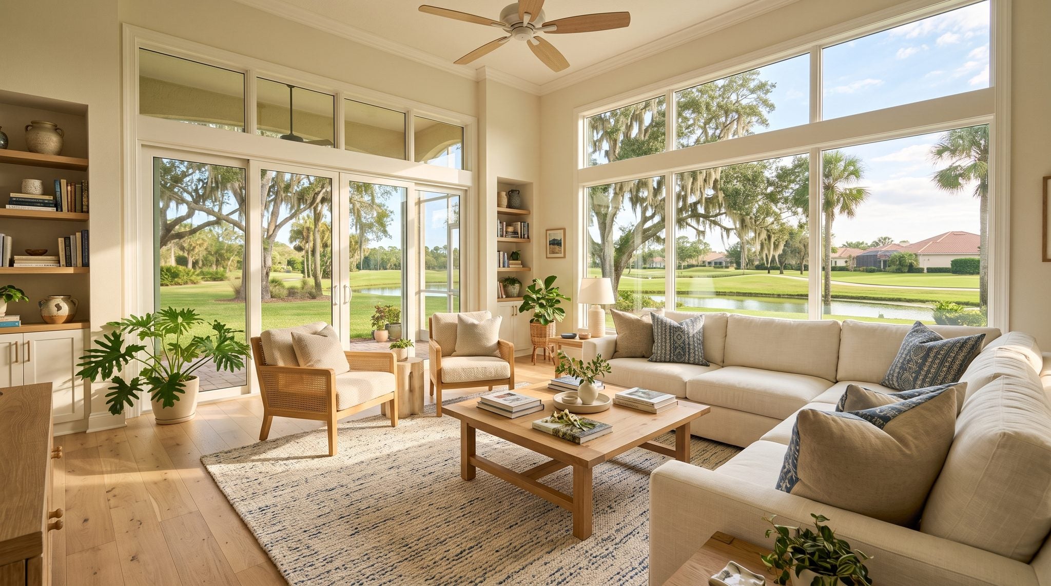 Sunlit room with a window overlooking palm trees, live oaks and a calm pond in central Florida