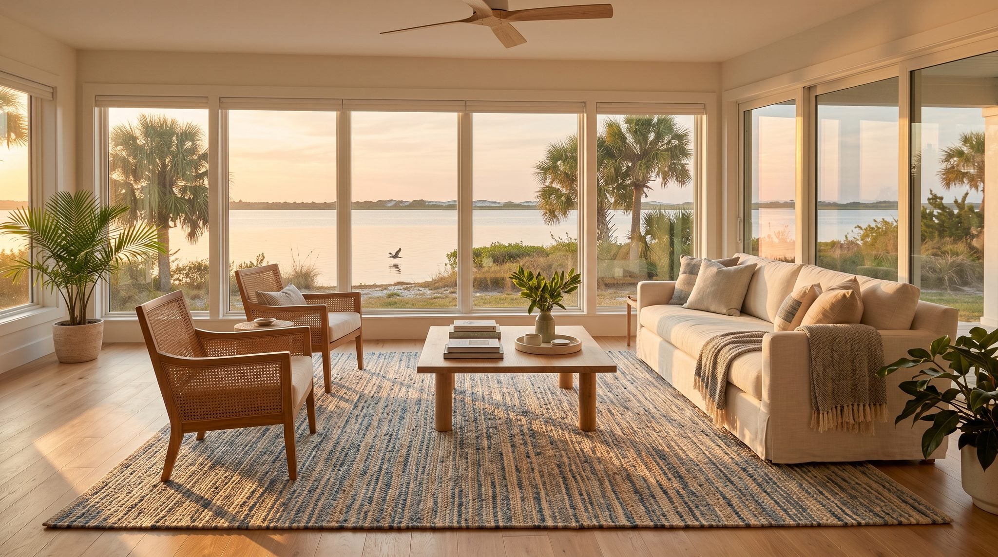 Sunlit room with a window overlooking the calm Indian River Lagoon, palm trees and golden coastal light near Sebastian, Florida