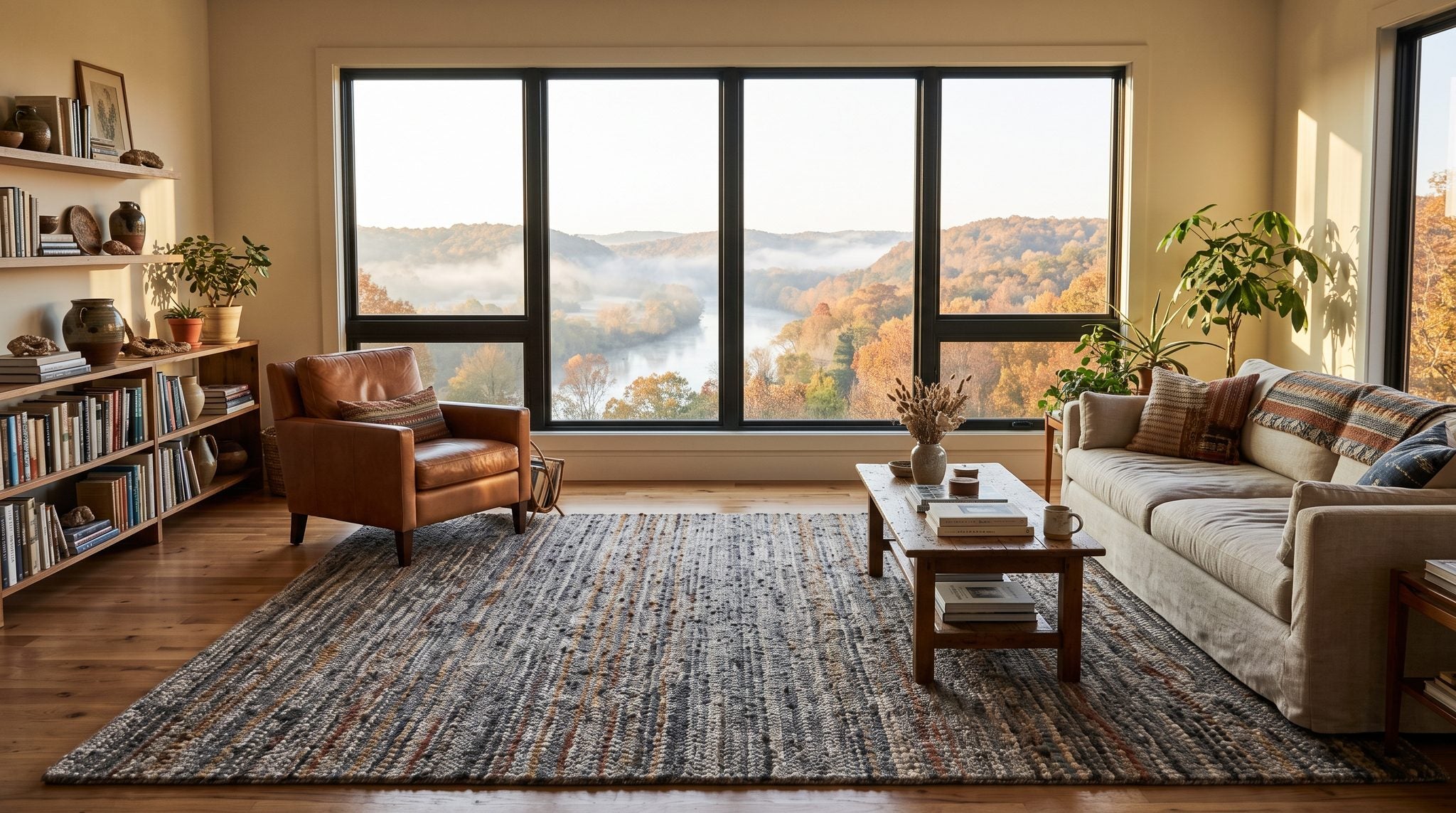 Sunlit living room window overlooking misty Ozark foothills and river valley near Batesville, Arkansas